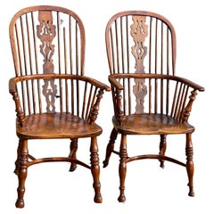 Antique Near pair of yew wood Windsor chairs with crinoline stretchers