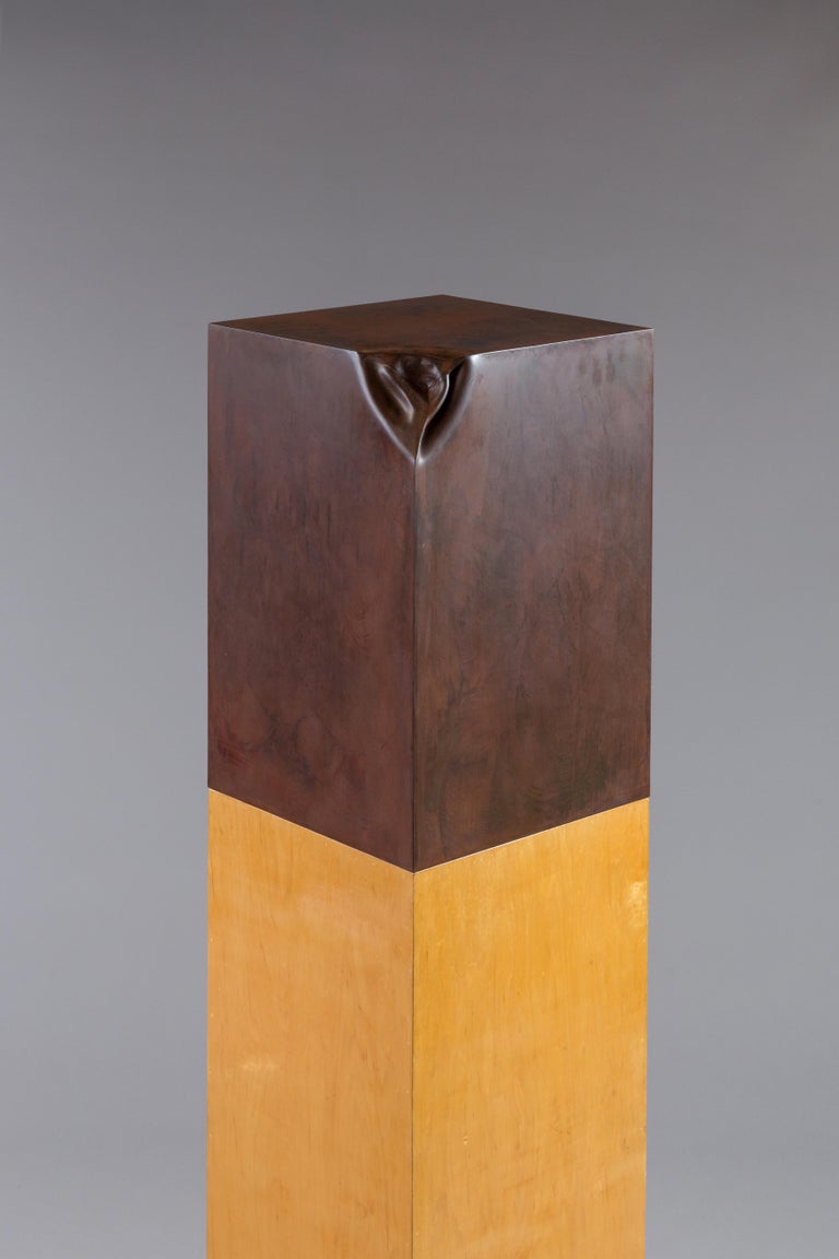Welded steel cube atop wooden mount completing this one of a kind sculpture.
Antique rusted patina with clear coat finish
Lacquered wooden pedestal mount.
    