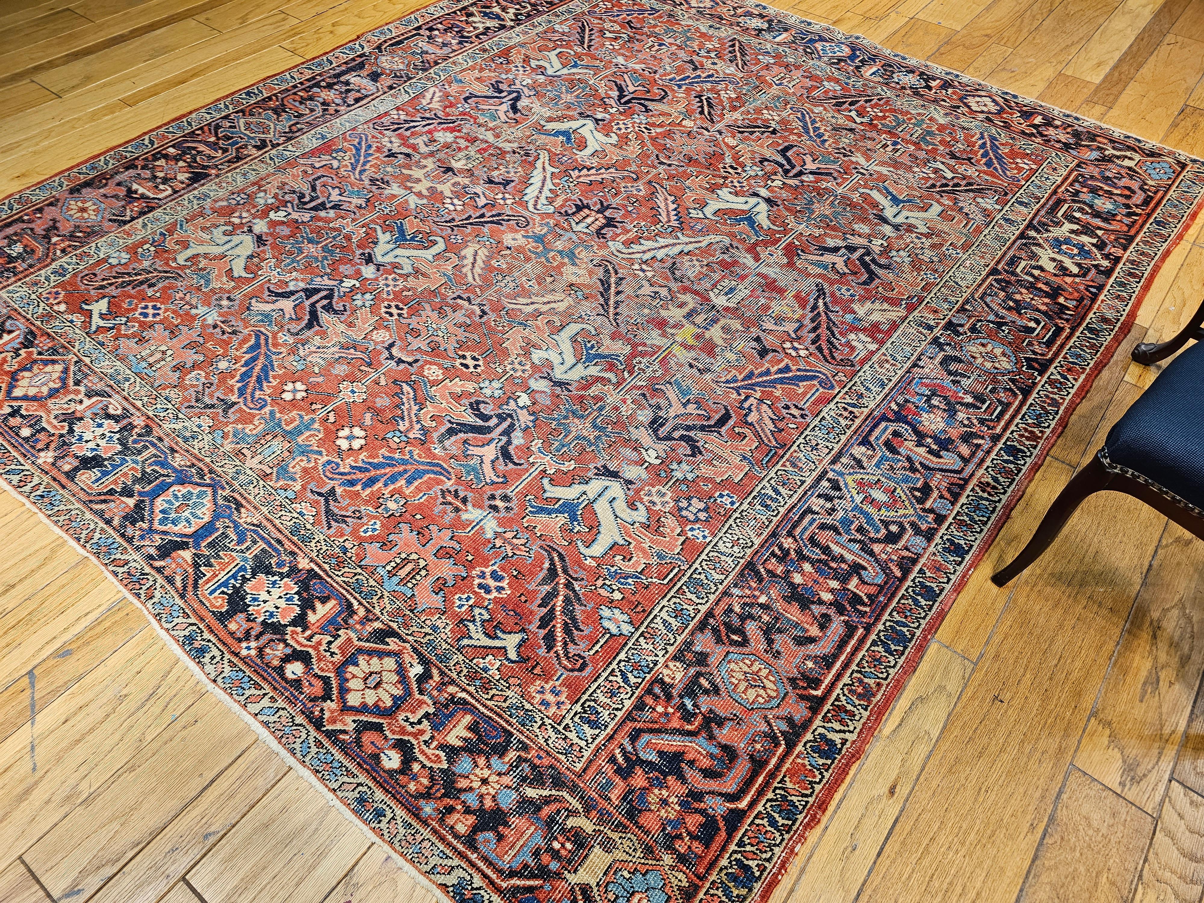 Vintage Persian Heriz in All-Over Pattern in Terracotta, Green, Blue, Yellow For Sale 4