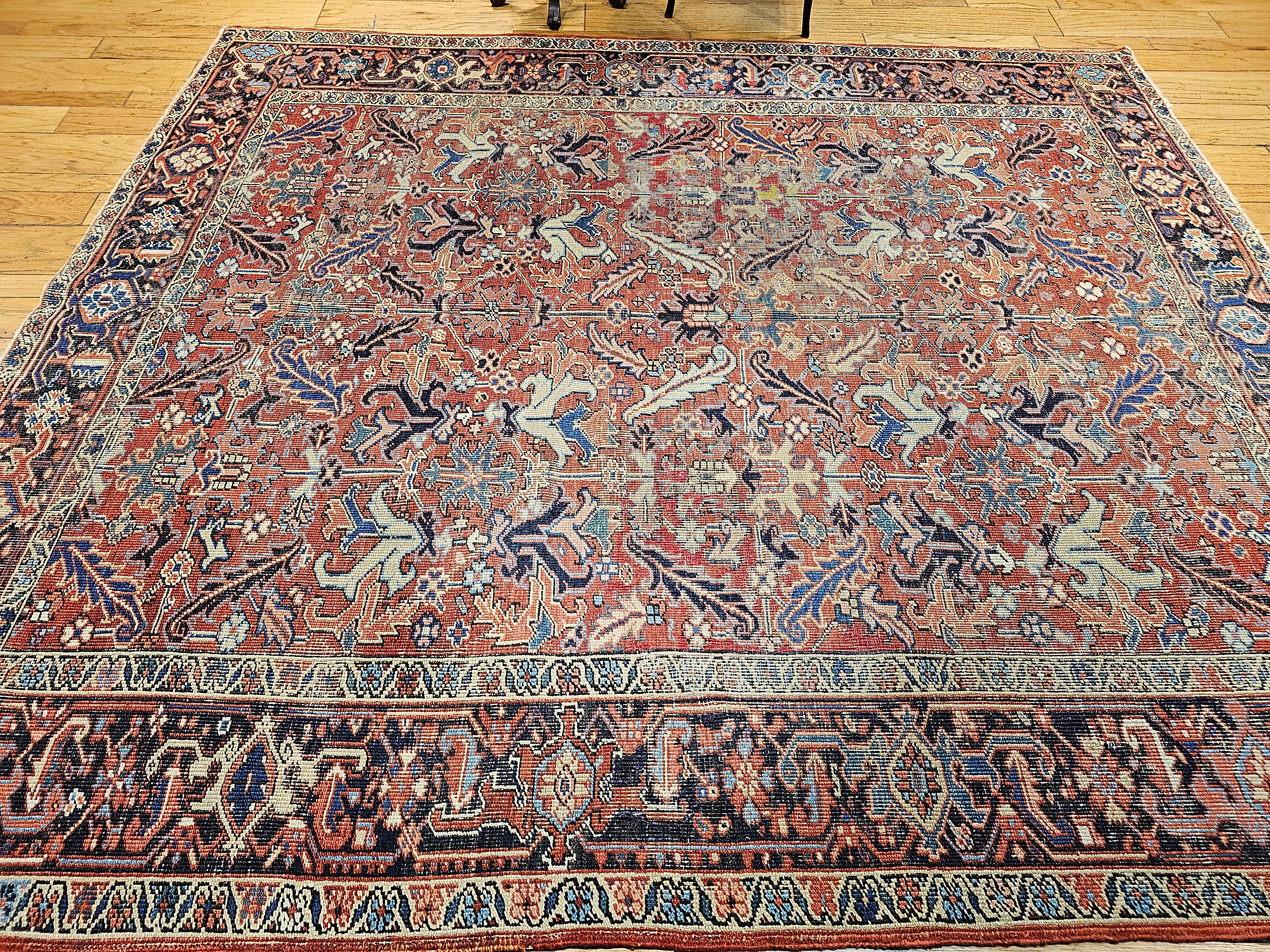 Vintage Persian Heriz in All-Over Pattern in Terracotta, Green, Blue, Yellow For Sale 5