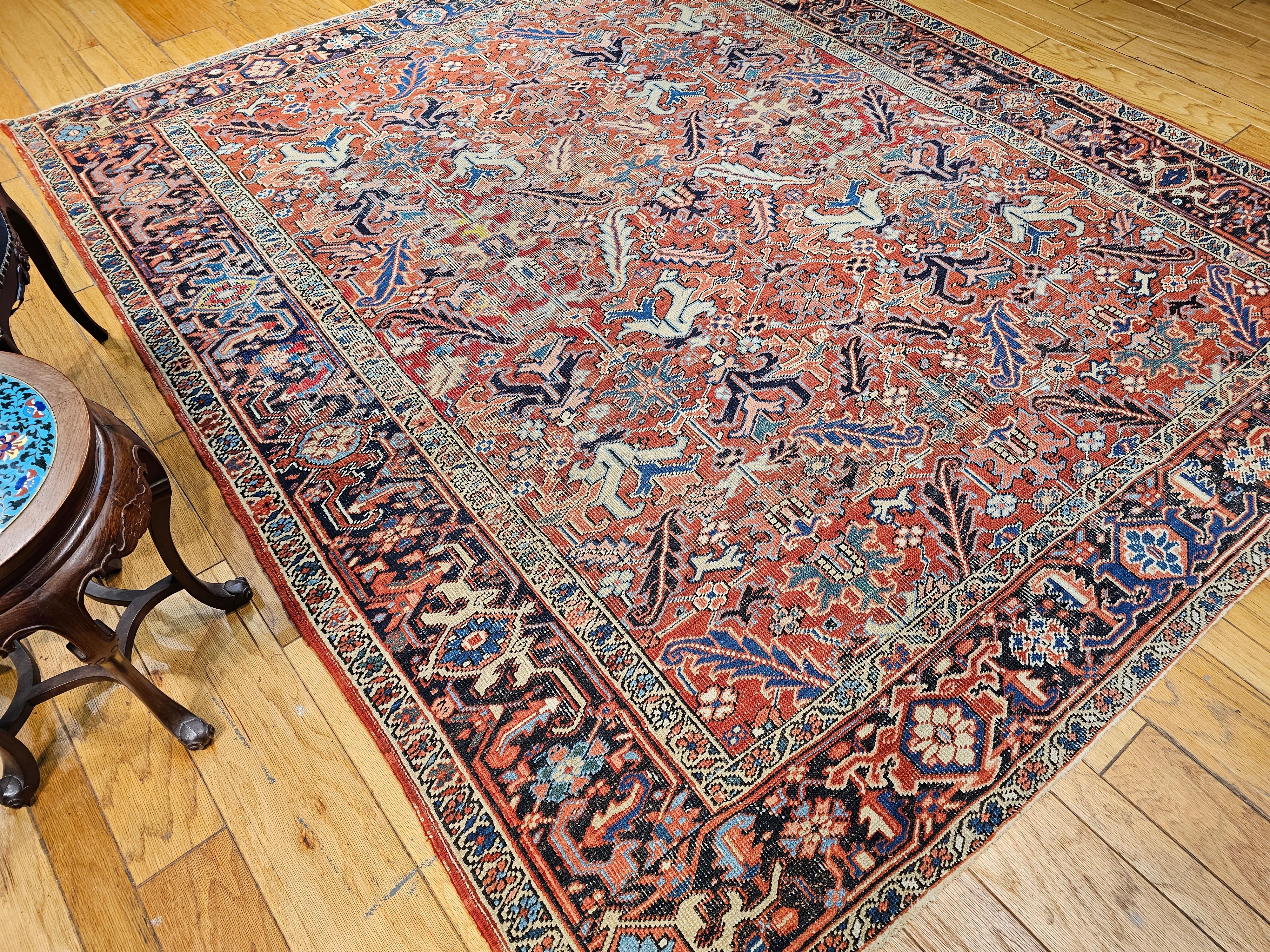 Vintage Persian Heriz in All-Over Pattern in Terracotta, Green, Blue, Yellow For Sale 6