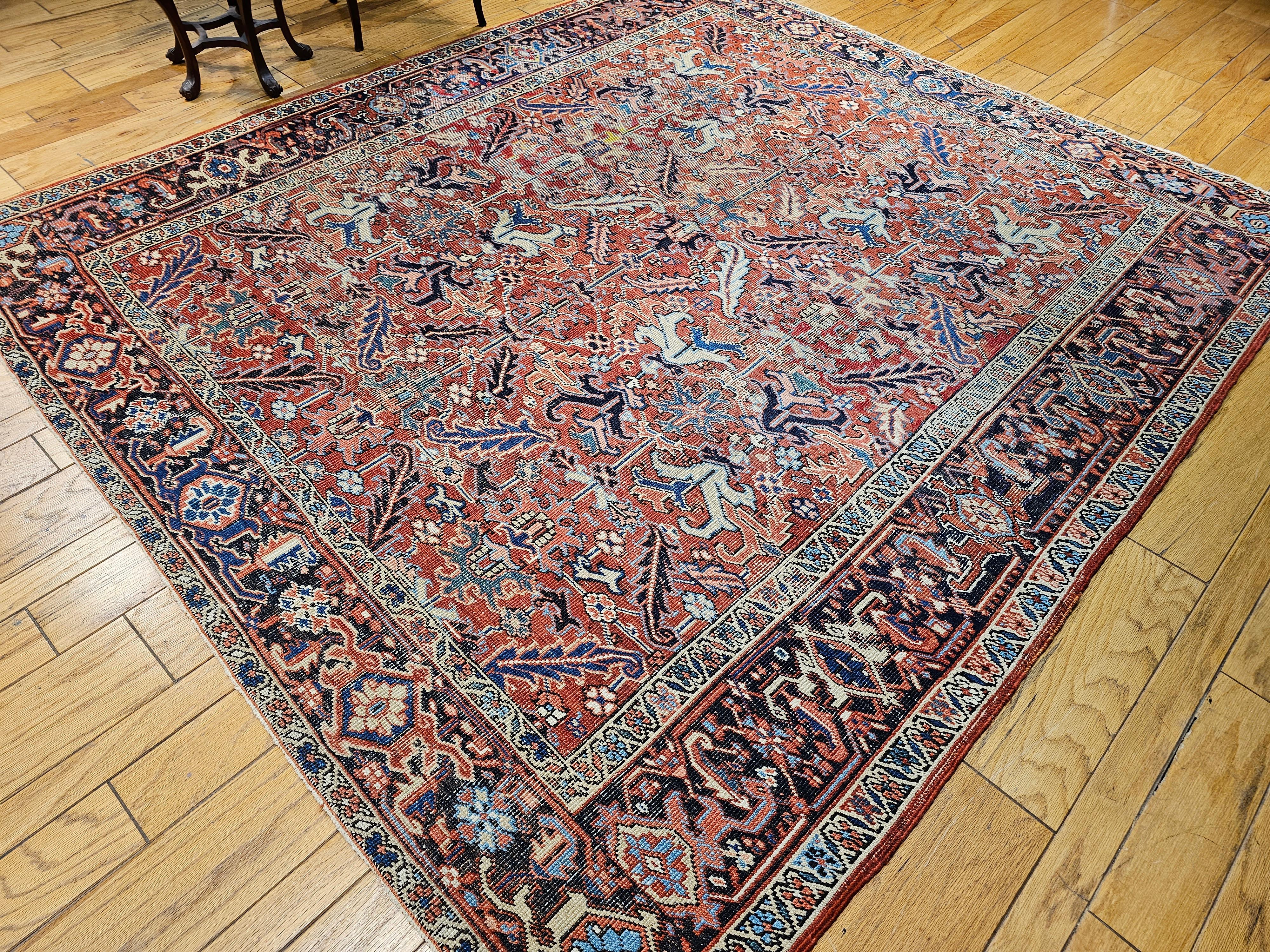 Vintage Persian Heriz in All-Over Pattern in Terracotta, Green, Blue, Yellow For Sale 7