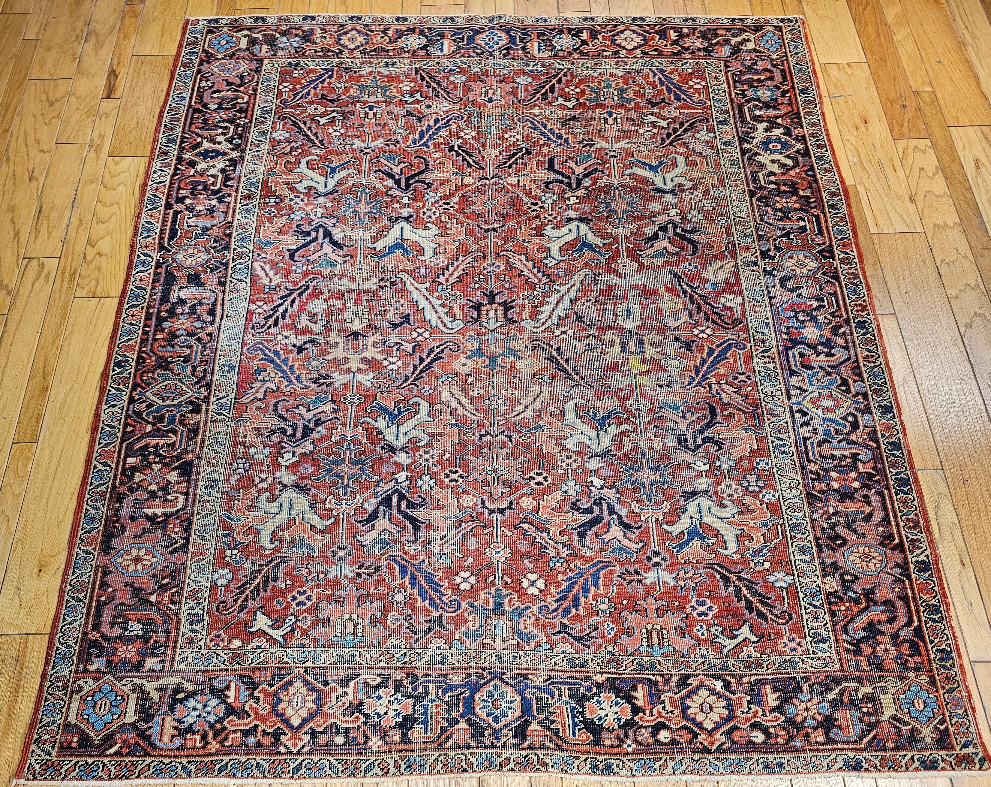 Vintage Persian Heriz in All-Over Pattern in Terracotta, Green, Blue, Yellow For Sale 8