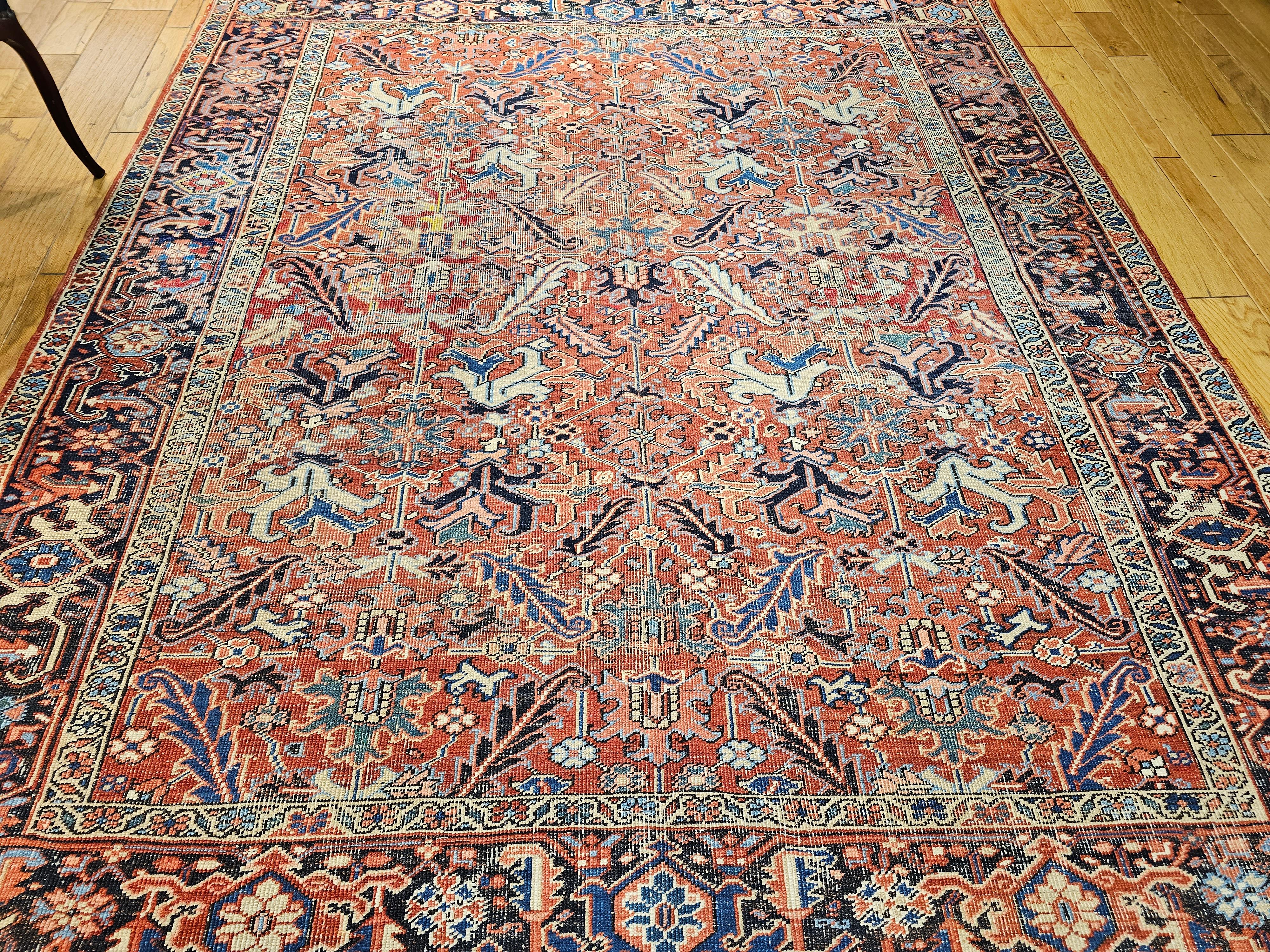 Vintage Persian Heriz in Serapi colors in an all-over pattern in a rare 