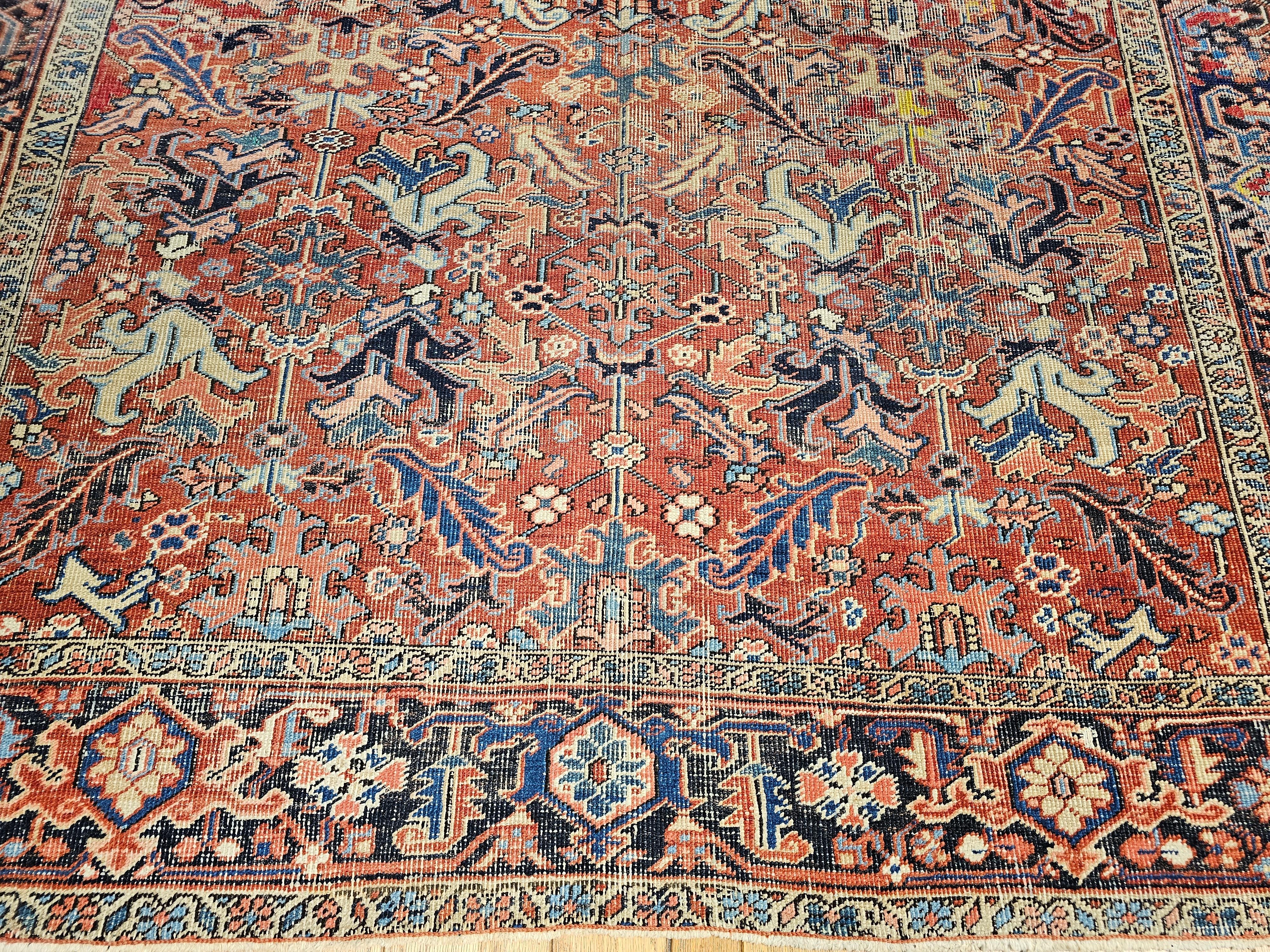 Vintage Persian Heriz in All-Over Pattern in Terracotta, Green, Blue, Yellow In Good Condition For Sale In Barrington, IL