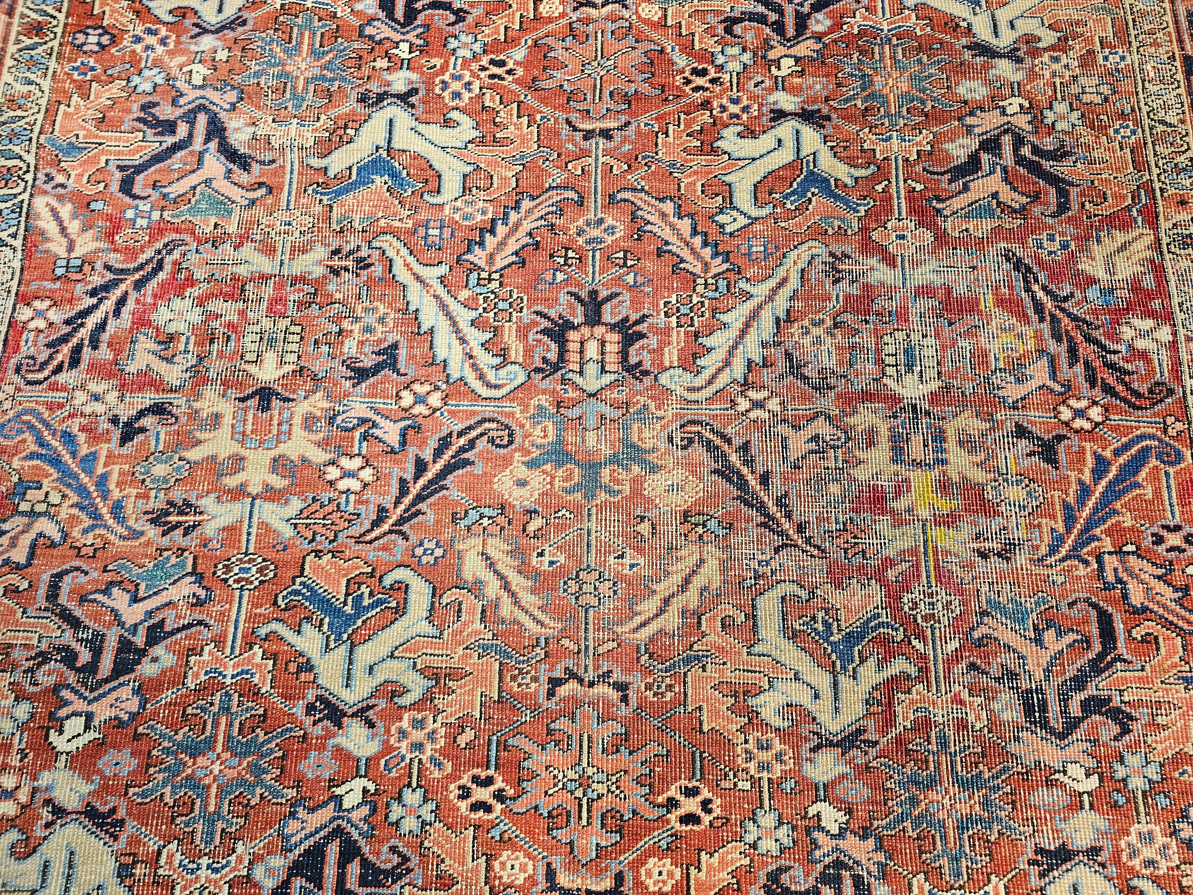 19th Century Vintage Persian Heriz in All-Over Pattern in Terracotta, Green, Blue, Yellow For Sale