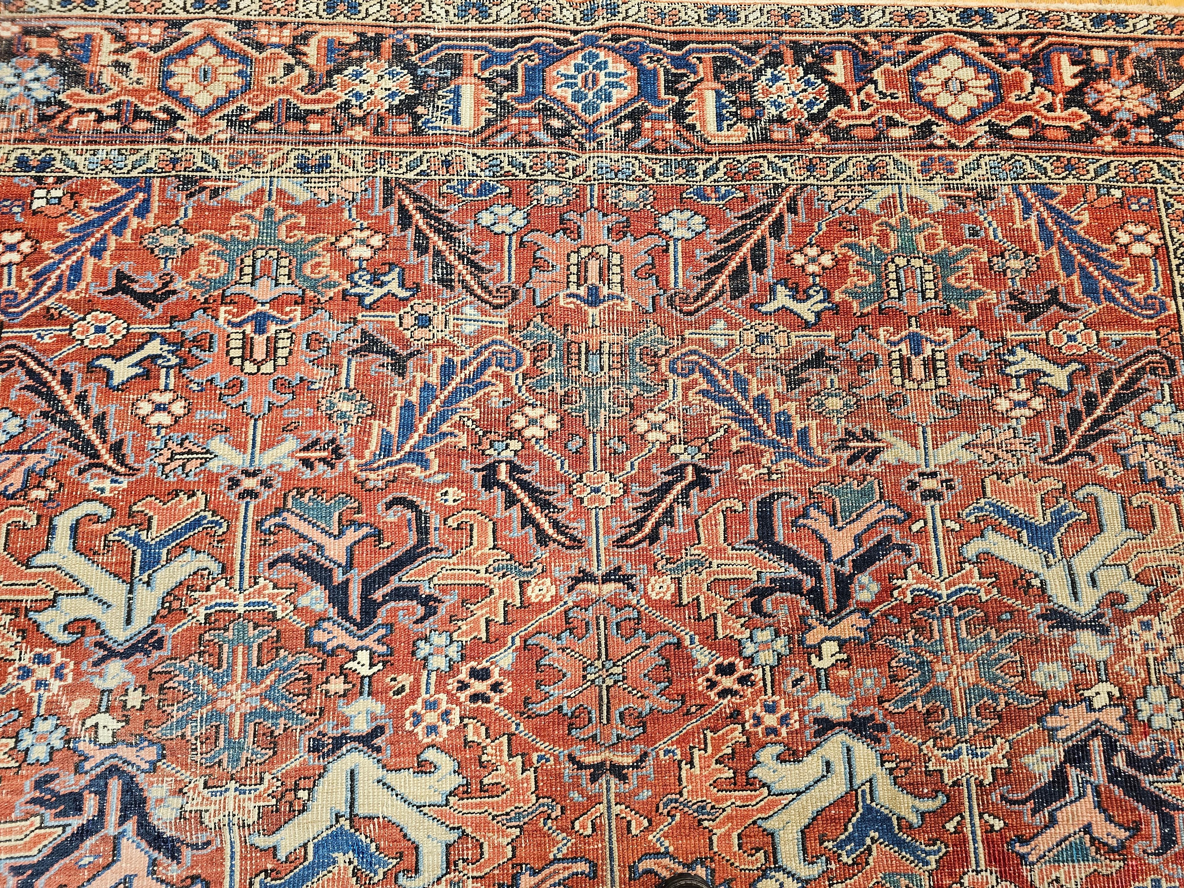 Wool Vintage Persian Heriz in All-Over Pattern in Terracotta, Green, Blue, Yellow For Sale