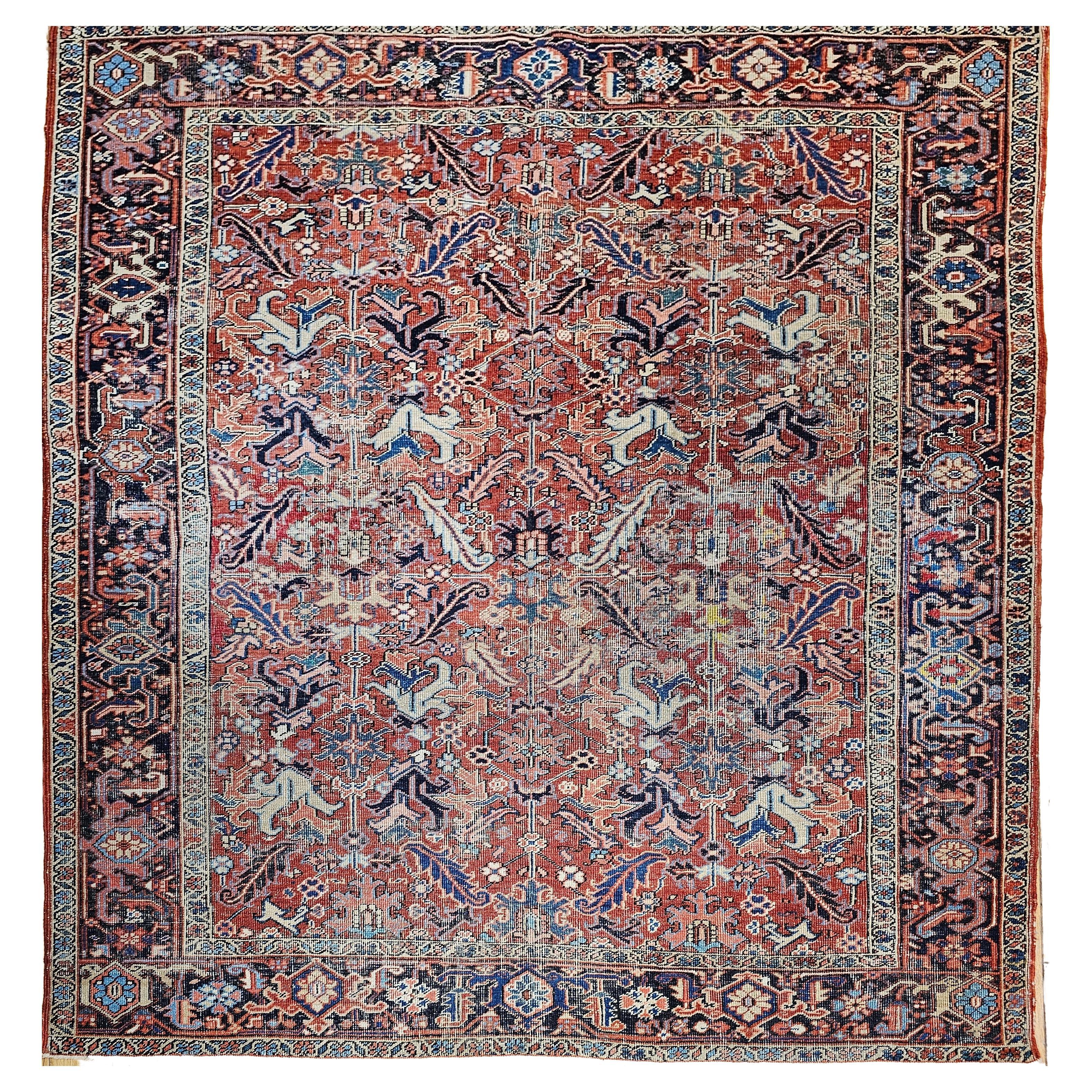 Vintage Persian Heriz in All-Over Pattern in Terracotta, Green, Blue, Yellow For Sale