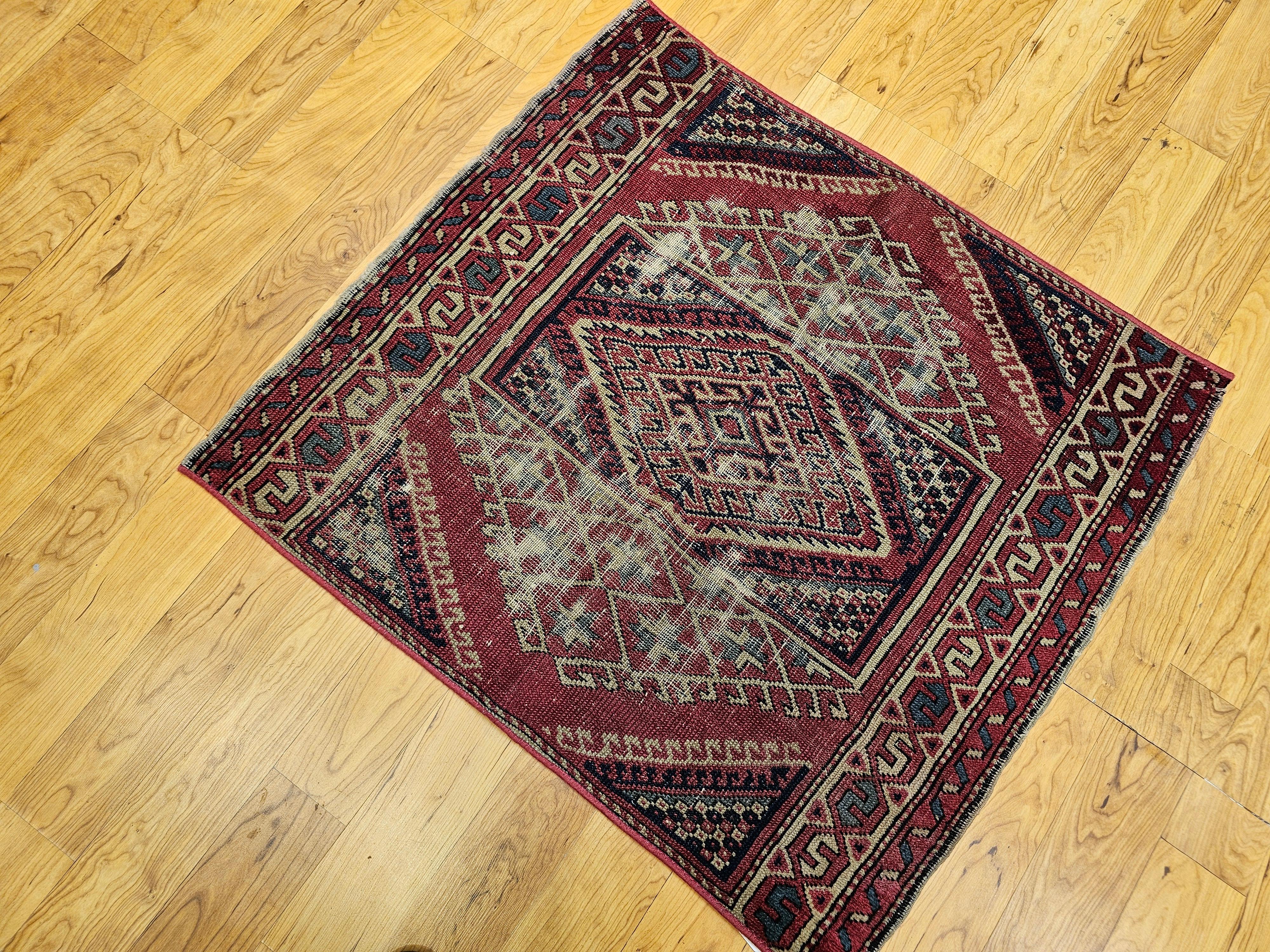 Near-Square Turkish Village Rug in Geometric Pattern in Pink, Green, Blue, Ivory For Sale 4