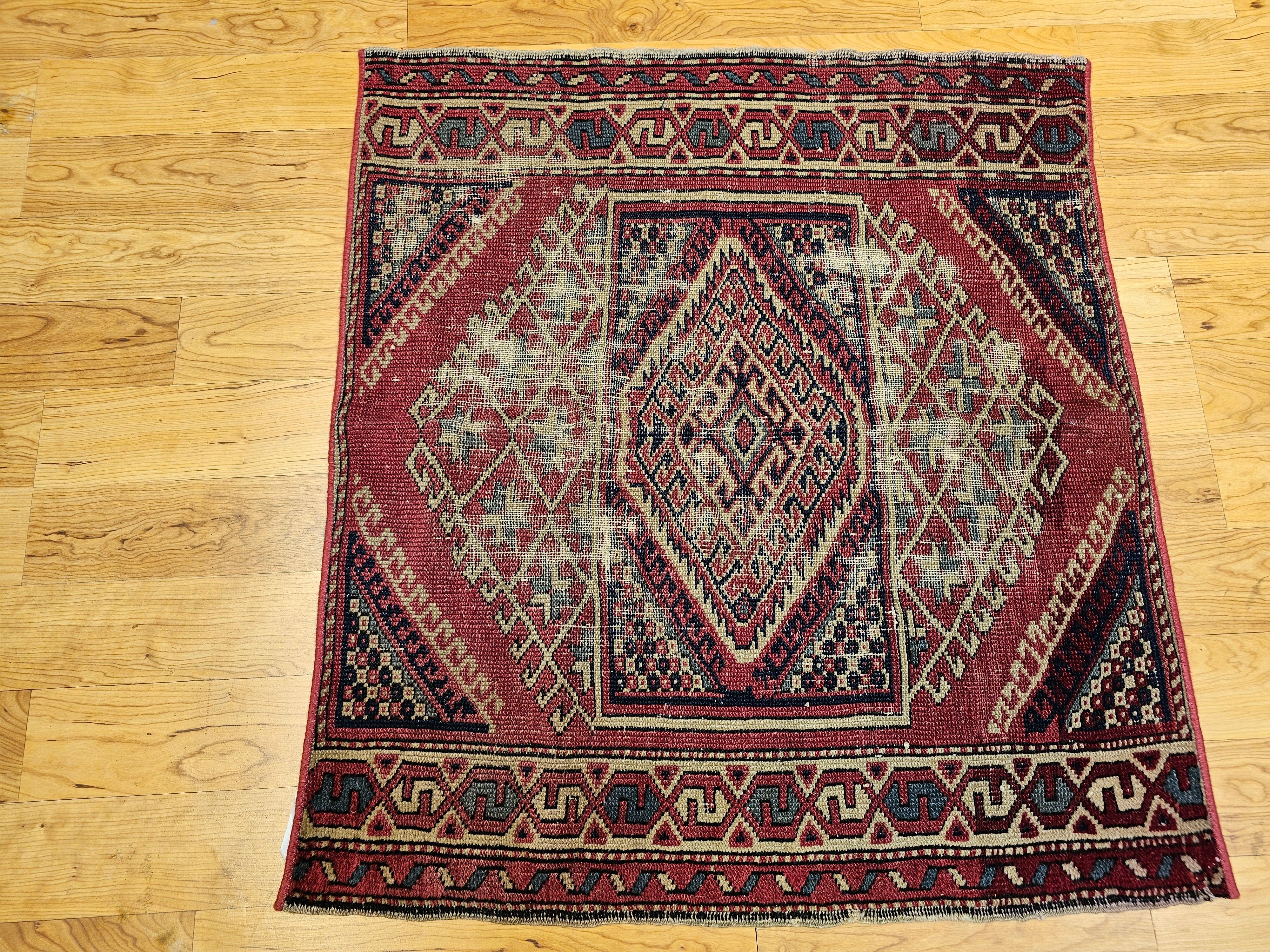 Near-Square Turkish Village Rug in Geometric Pattern in Pink, Green, Blue, Ivory For Sale 5