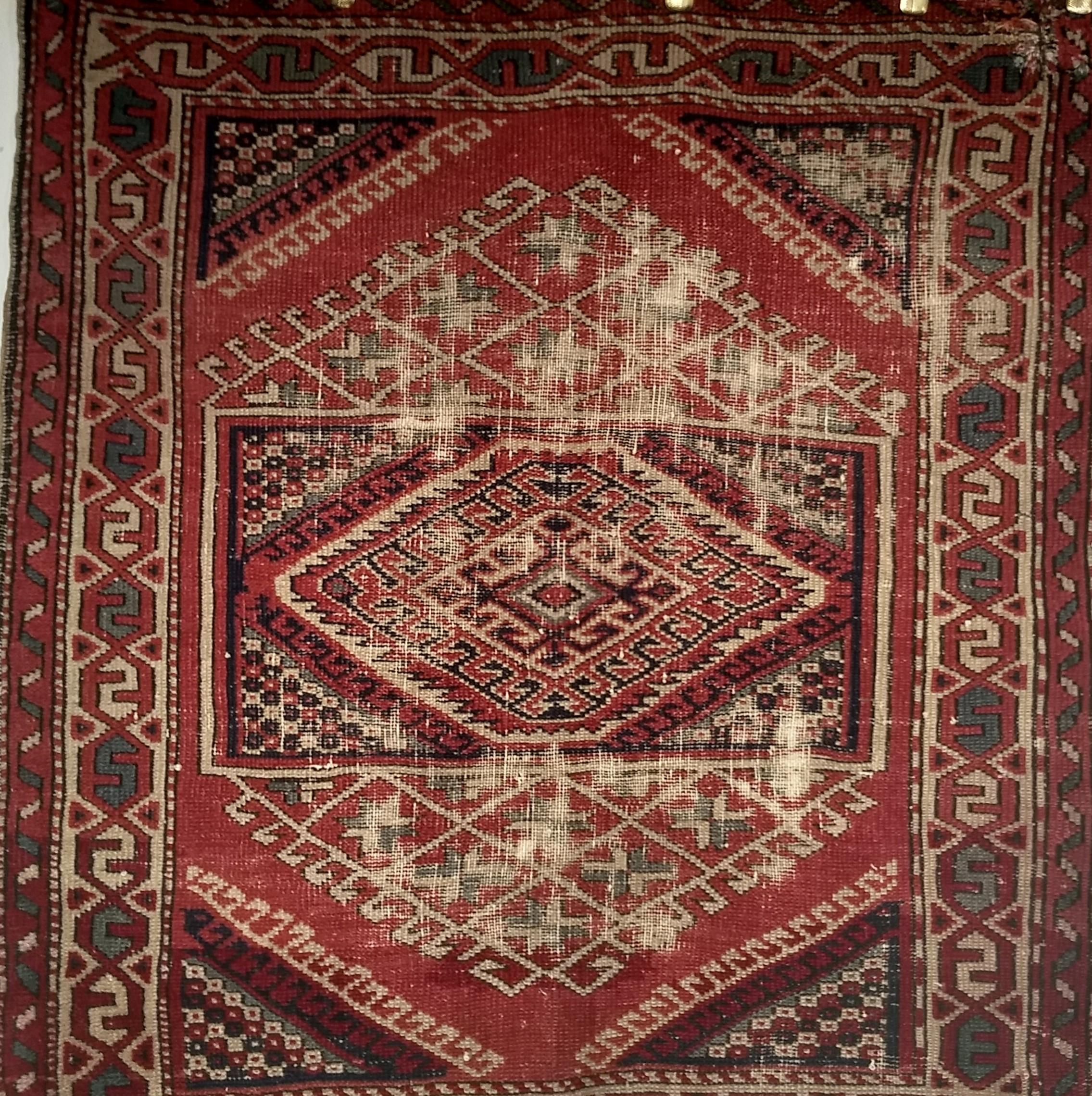 Near-Square Turkish Village Rug in Geometric Pattern in Pink, Green, Blue, Ivory For Sale 6