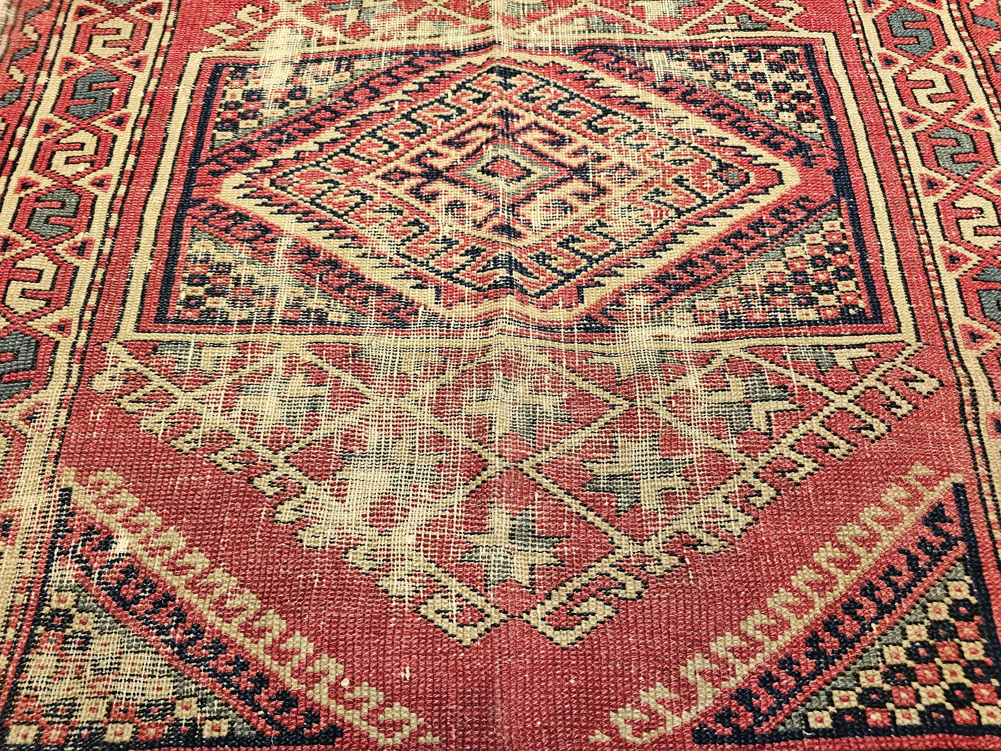 Vegetable Dyed Near-Square Turkish Village Rug in Geometric Pattern in Pink, Green, Blue, Ivory For Sale
