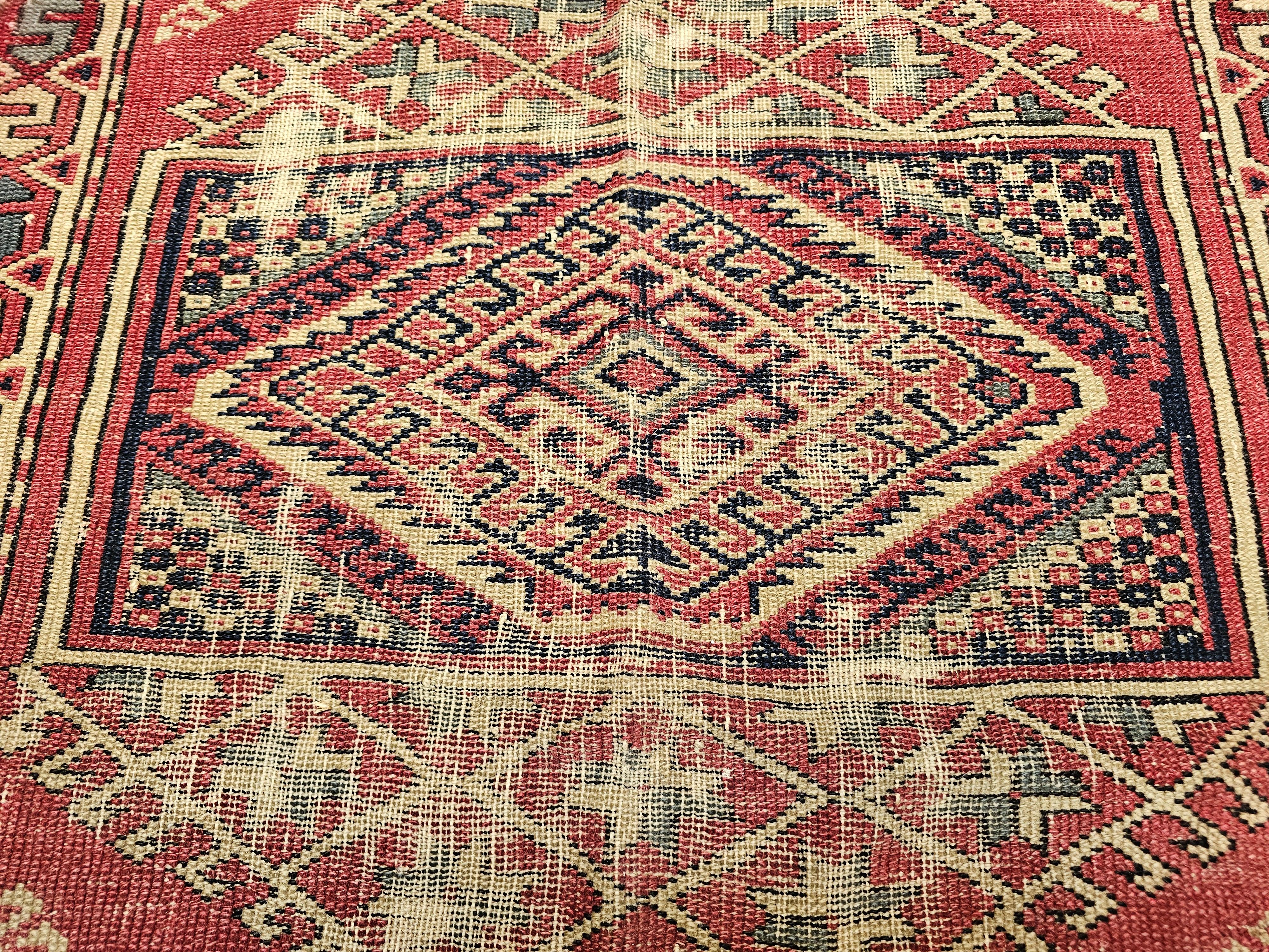 Near-Square Turkish Village Rug in Geometric Pattern in Pink, Green, Blue, Ivory In Good Condition For Sale In Barrington, IL