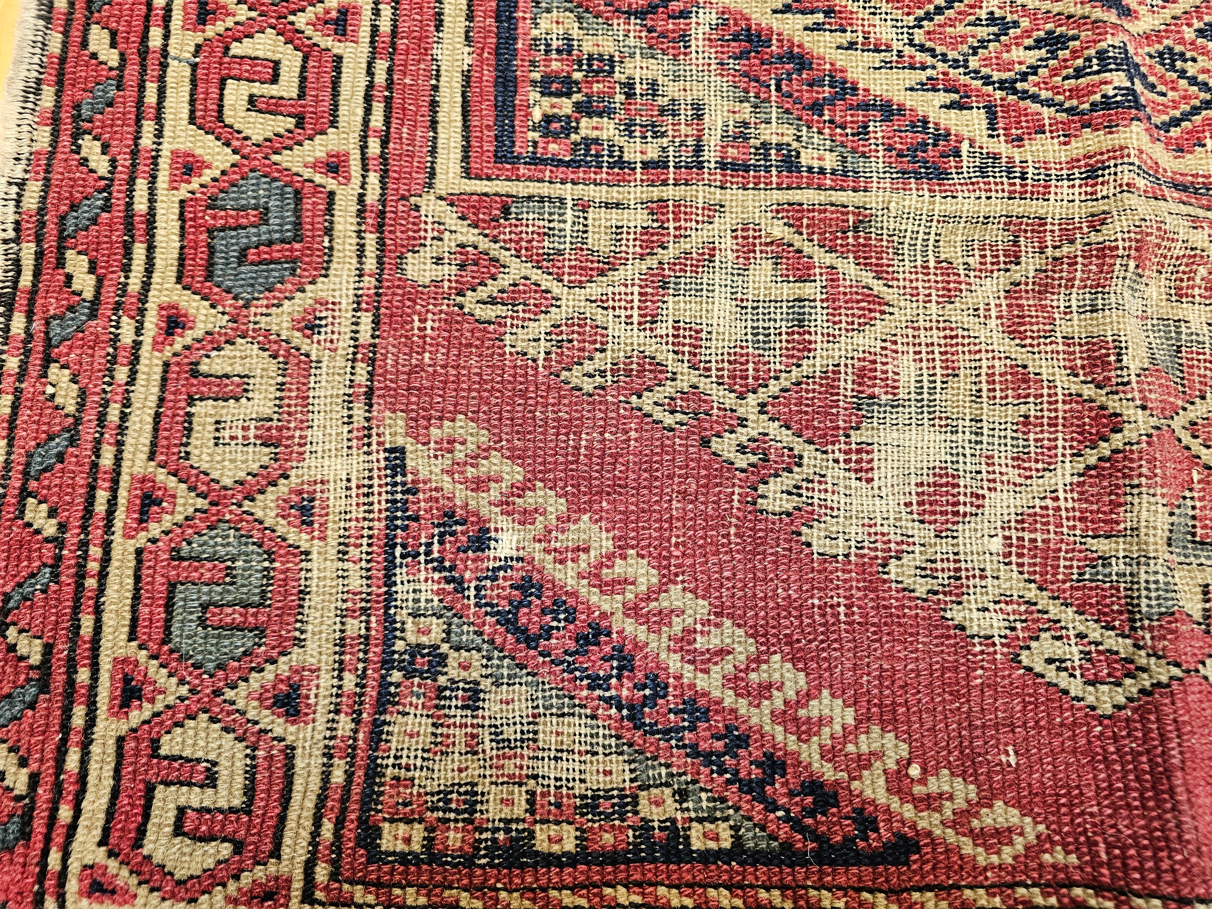 Wool Near-Square Turkish Village Rug in Geometric Pattern in Pink, Green, Blue, Ivory For Sale