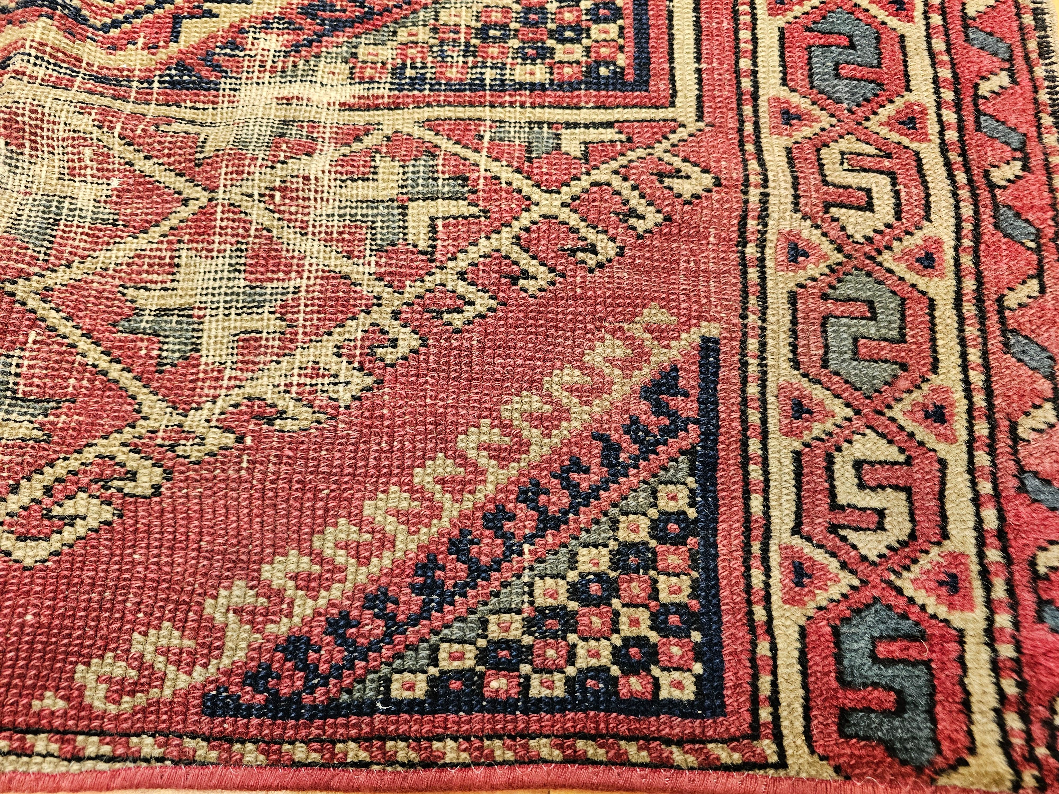 Near-Square Turkish Village Rug in Geometric Pattern in Pink, Green, Blue, Ivory For Sale 1