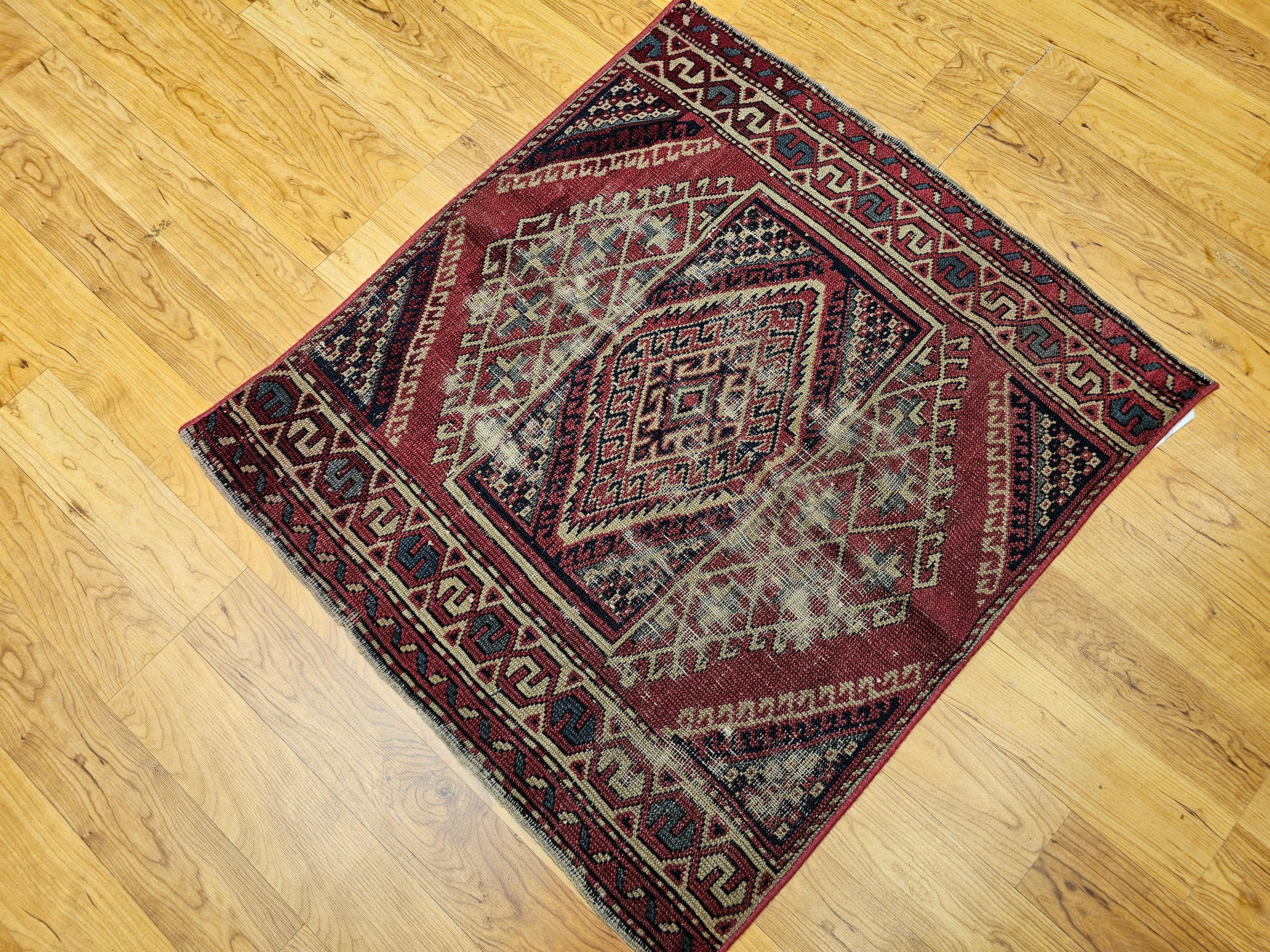 Near-Square Turkish Village Rug in Geometric Pattern in Pink, Green, Blue, Ivory For Sale 2