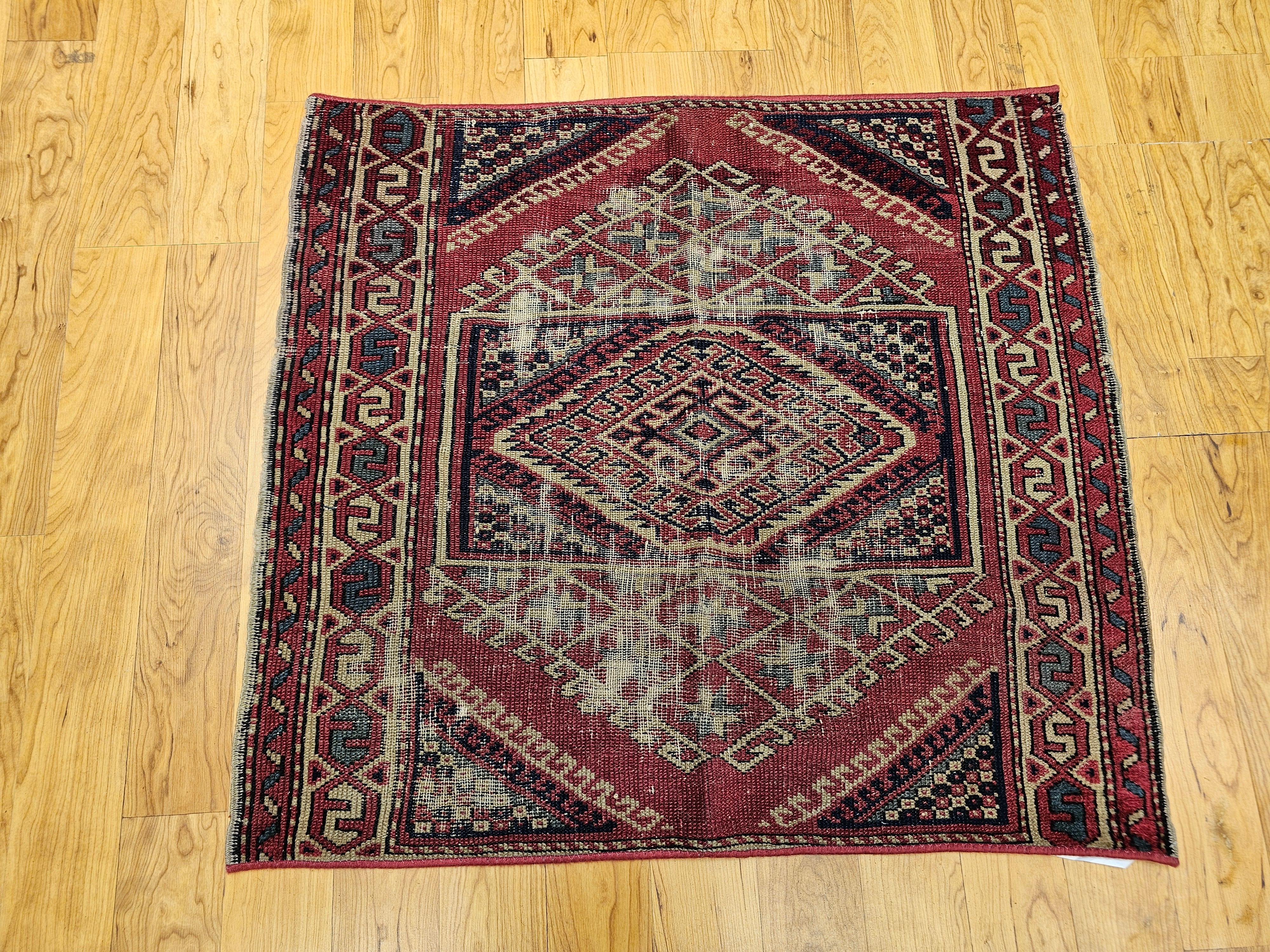 Near-Square Turkish Village Rug in Geometric Pattern in Pink, Green, Blue, Ivory For Sale 3