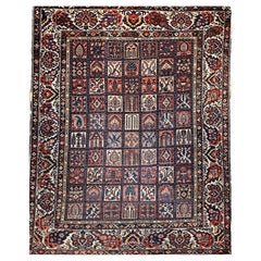 Near Square Vintage Persian Bakhtiari Rug in Panel Pattern in Pale Yellow, Blue