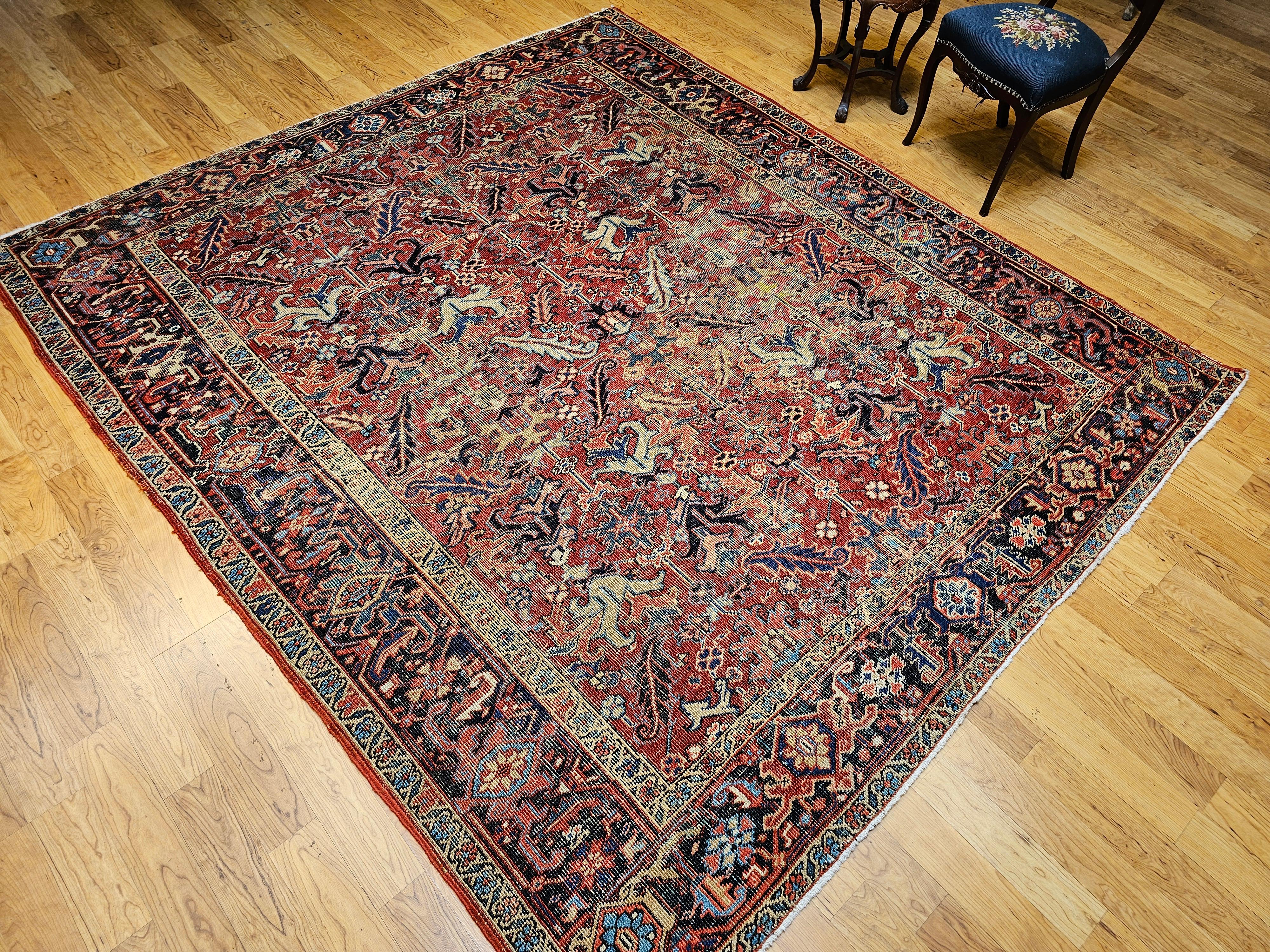 Near-Square Vintage Persian Heriz Serapi Rug in Terracotta, Green, Yellow For Sale 5