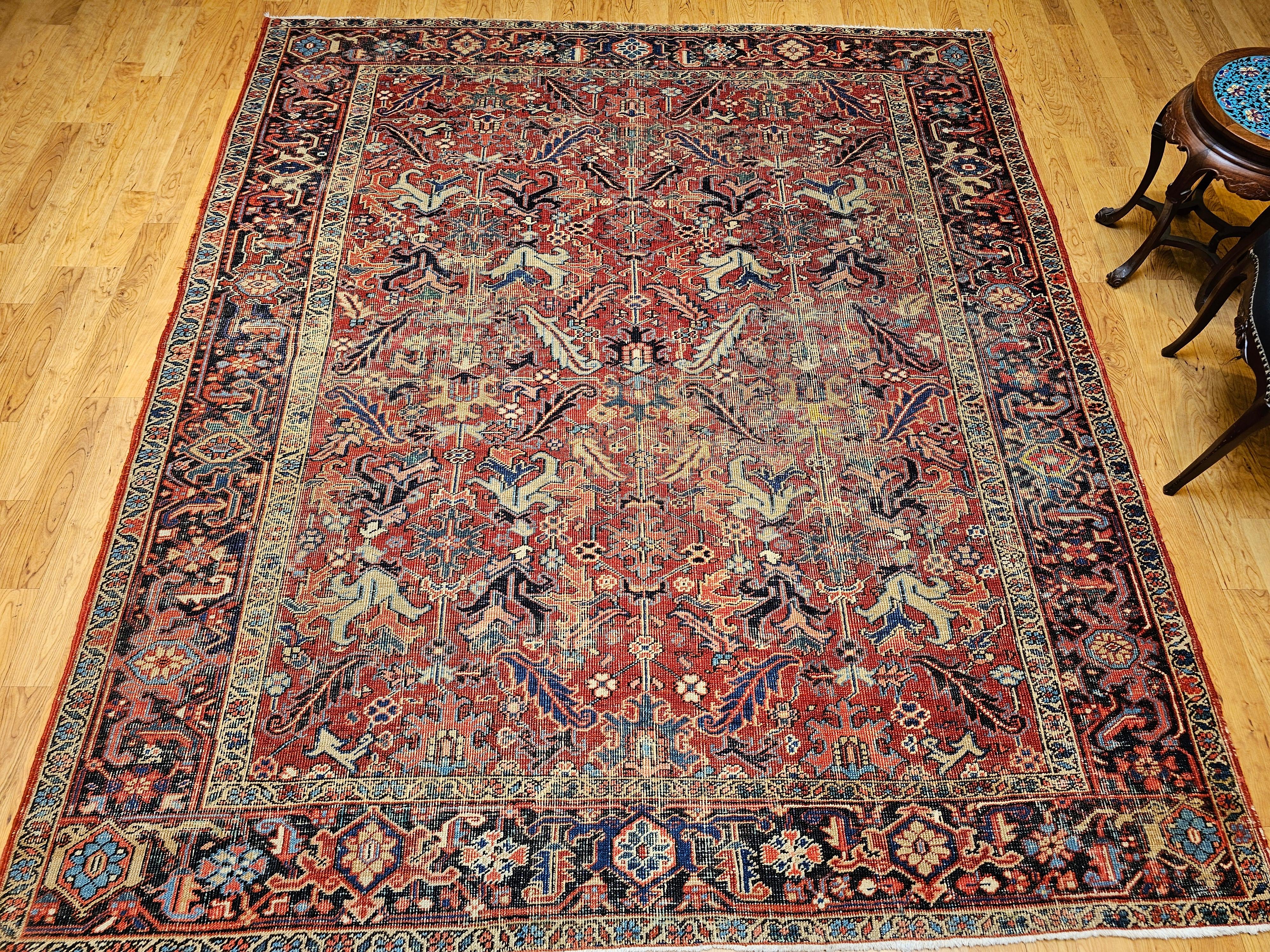 Near-Square Vintage Persian Heriz Serapi Rug in Terracotta, Green, Yellow For Sale 6