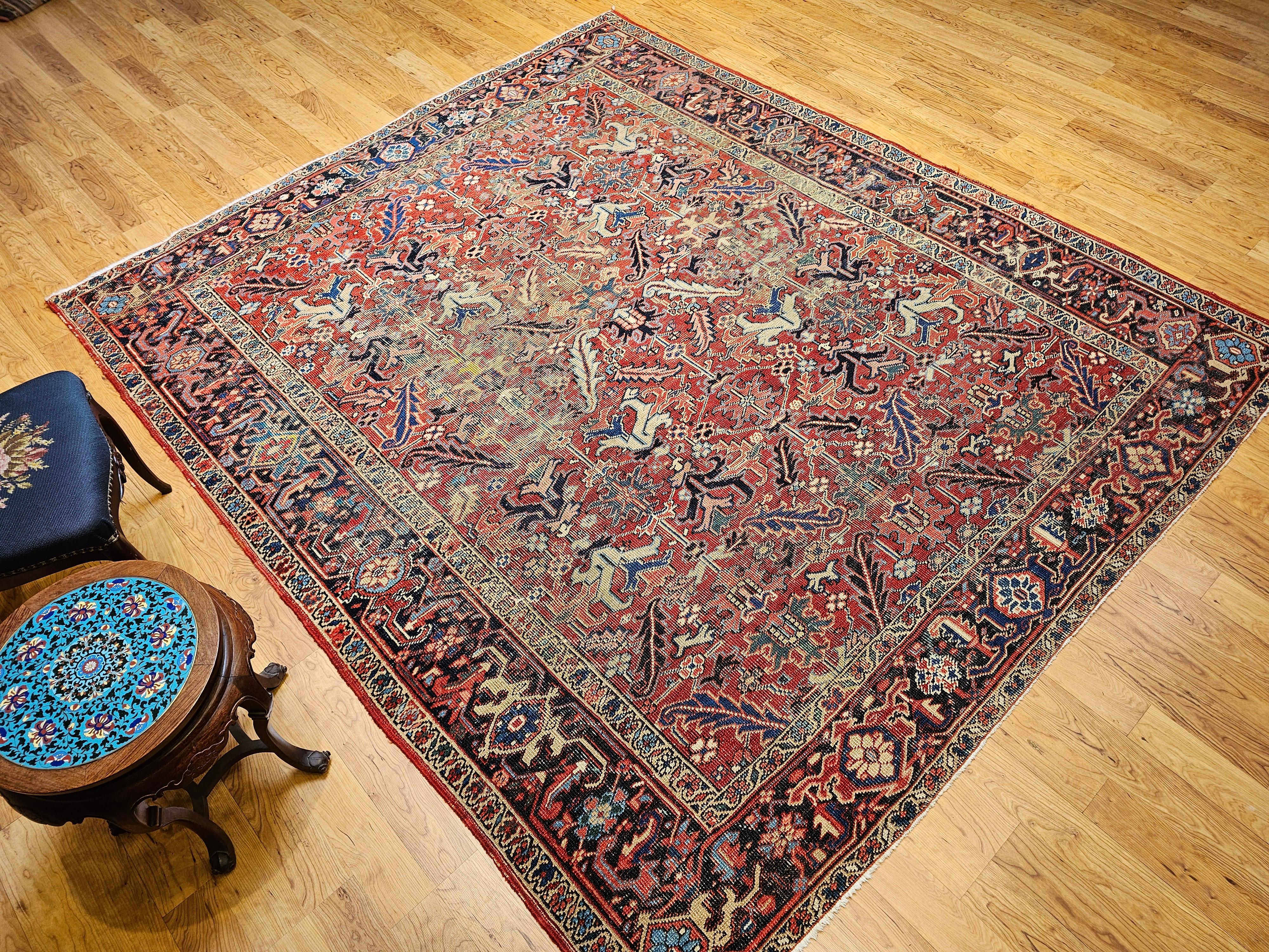 Near-Square Vintage Persian Heriz Serapi Rug in Terracotta, Green, Yellow For Sale 9