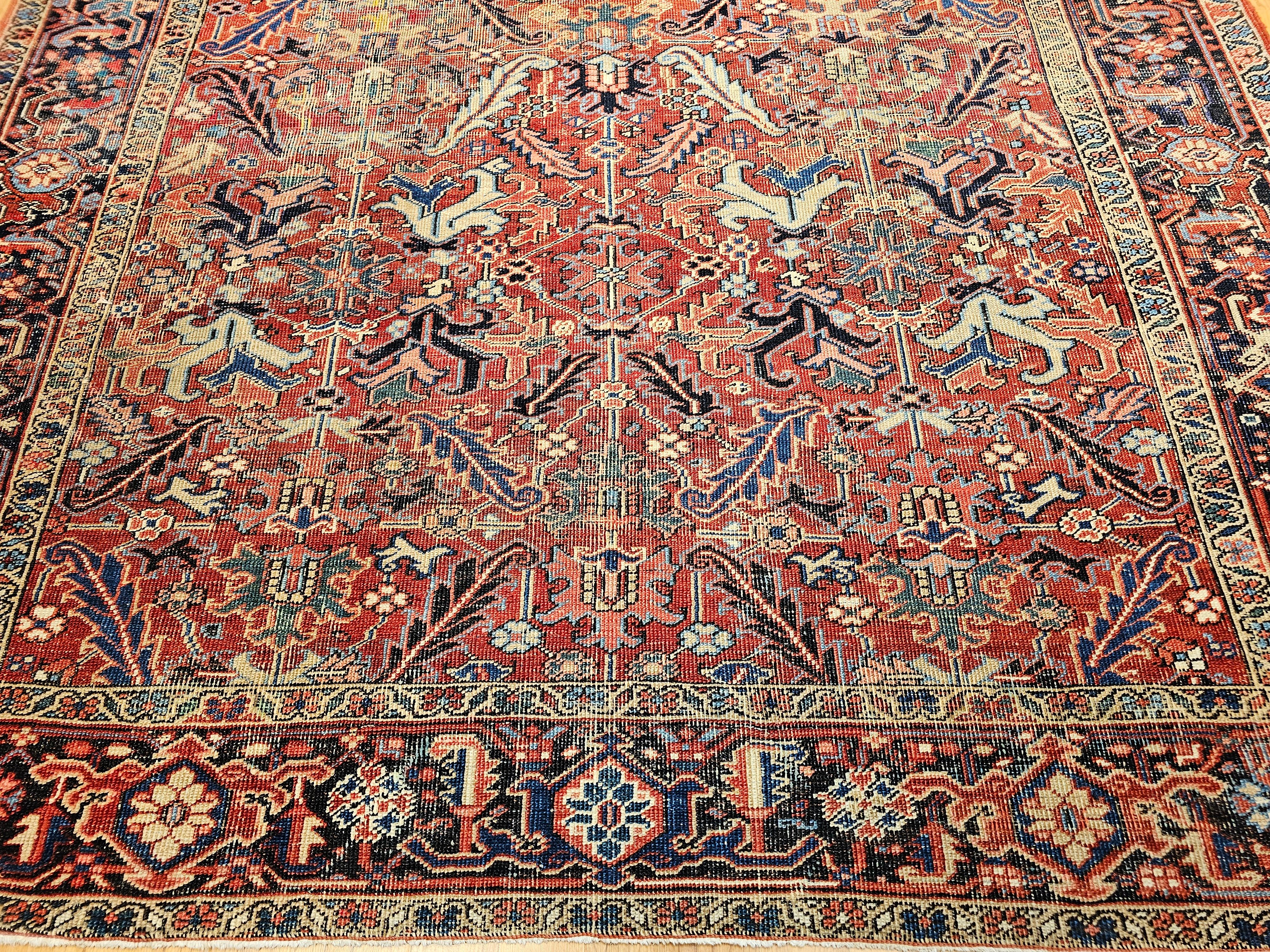 19th Century Near-Square Vintage Persian Heriz Serapi Rug in Terracotta, Green, Yellow For Sale