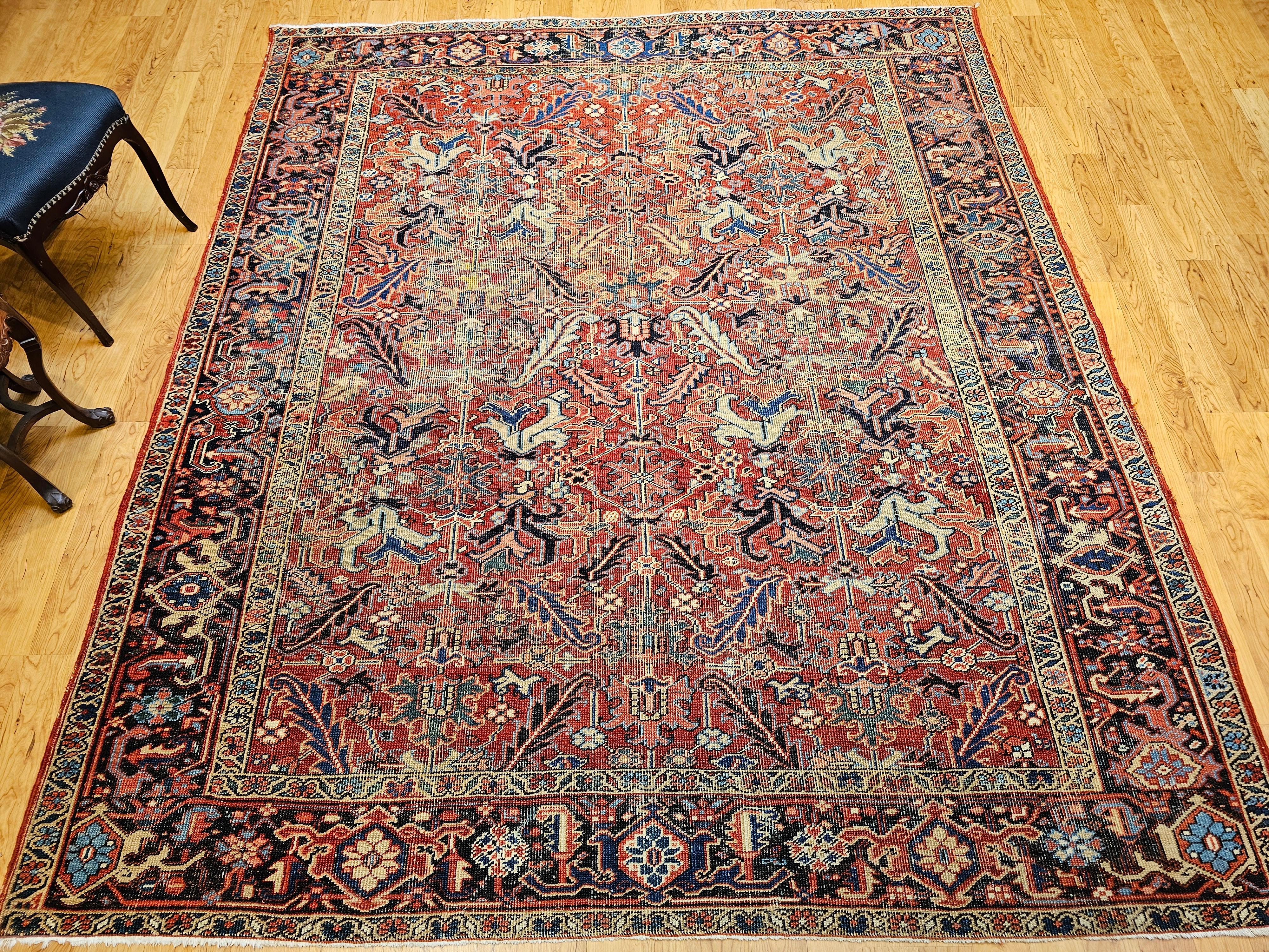 Near-Square Vintage Persian Heriz Serapi Rug in Terracotta, Green, Yellow For Sale 10