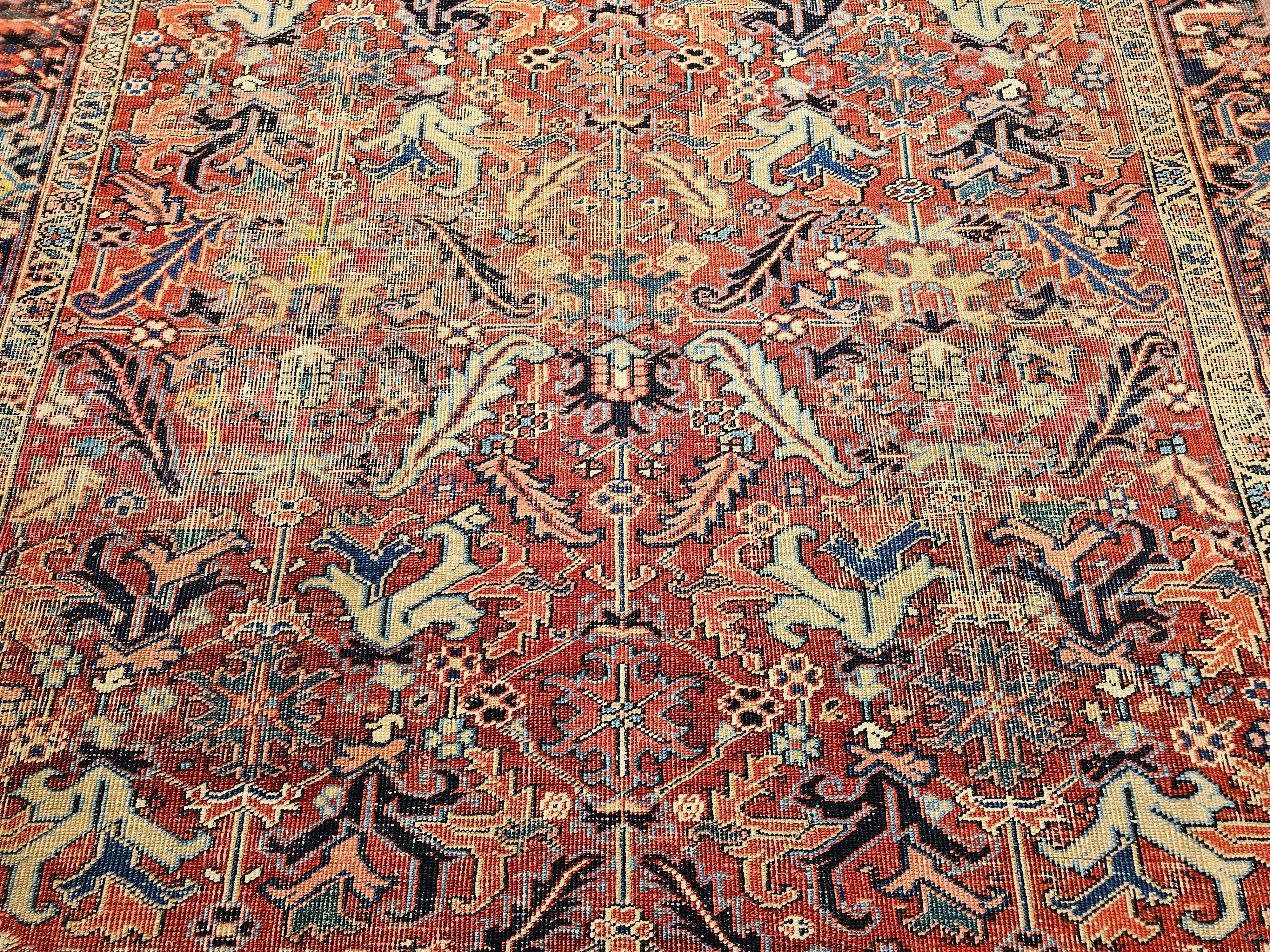 Near-Square Vintage Persian Heriz Serapi Rug in Terracotta, Green, Yellow In Good Condition For Sale In Barrington, IL