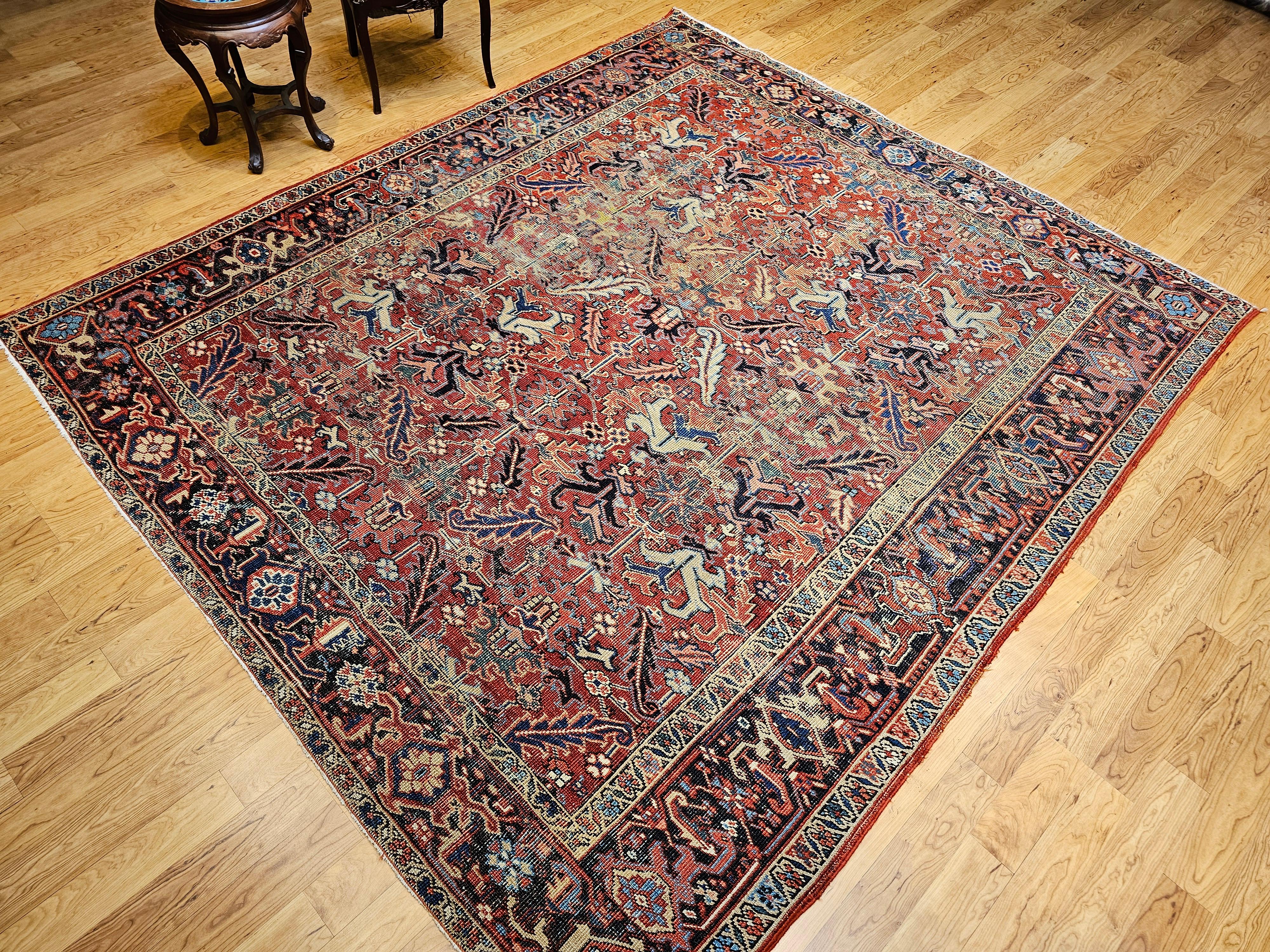 Near-Square Vintage Persian Heriz Serapi Rug in Terracotta, Green, Yellow For Sale 11