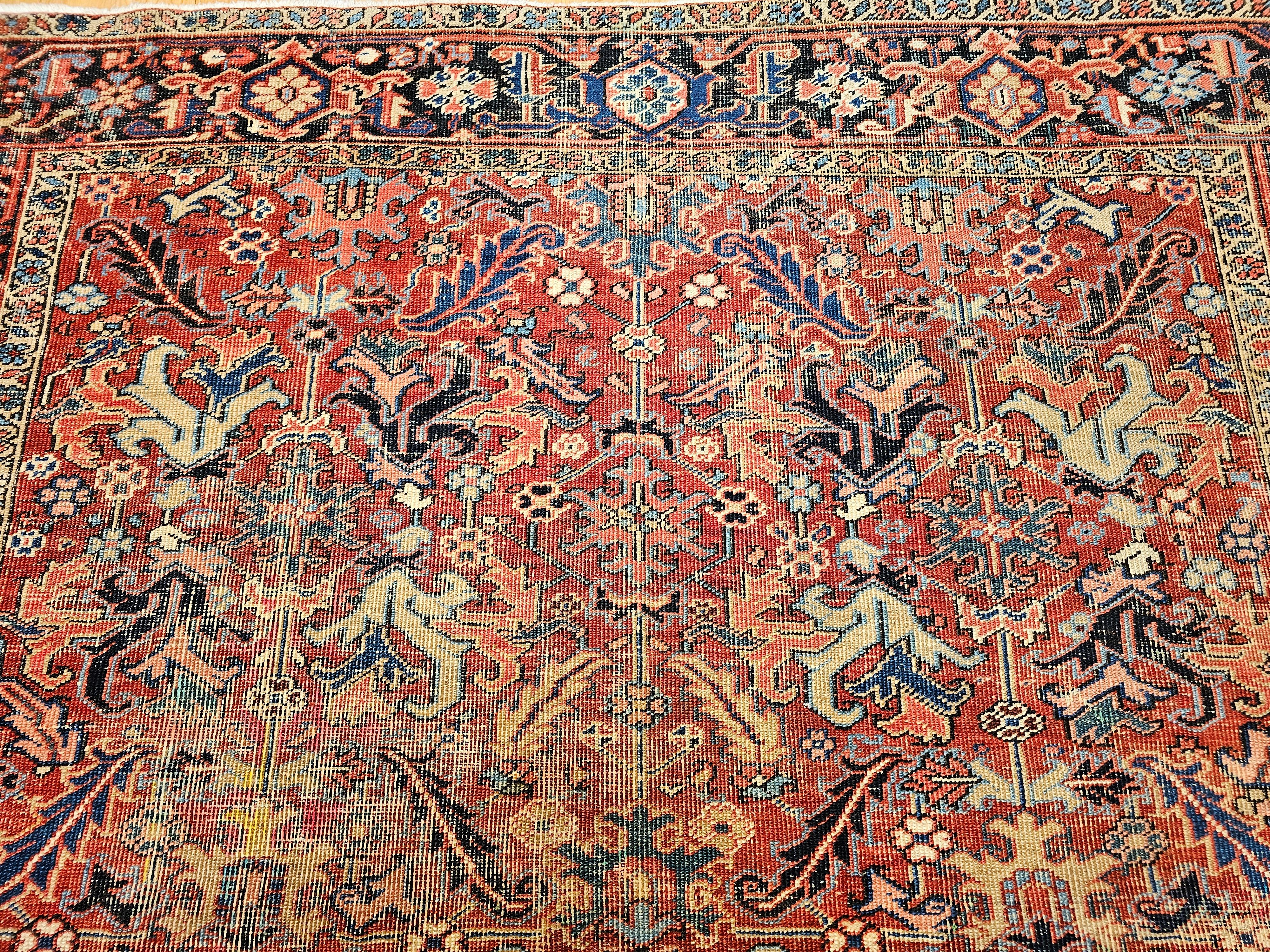 Vegetable Dyed Near-Square Vintage Persian Heriz Serapi Rug in Terracotta, Green, Yellow For Sale