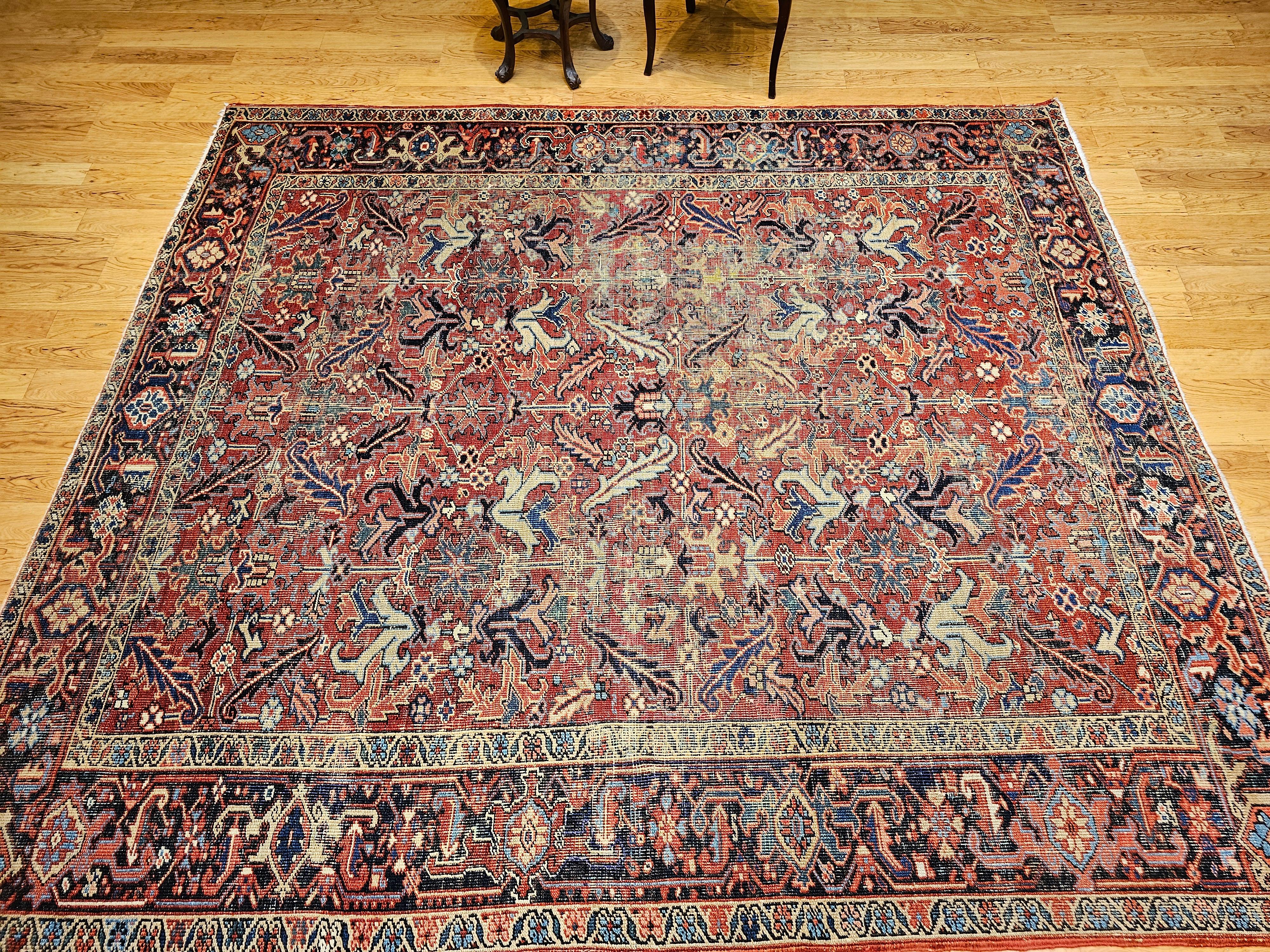 Near-Square Vintage Persian Heriz Serapi Rug in Terracotta, Green, Yellow For Sale 8