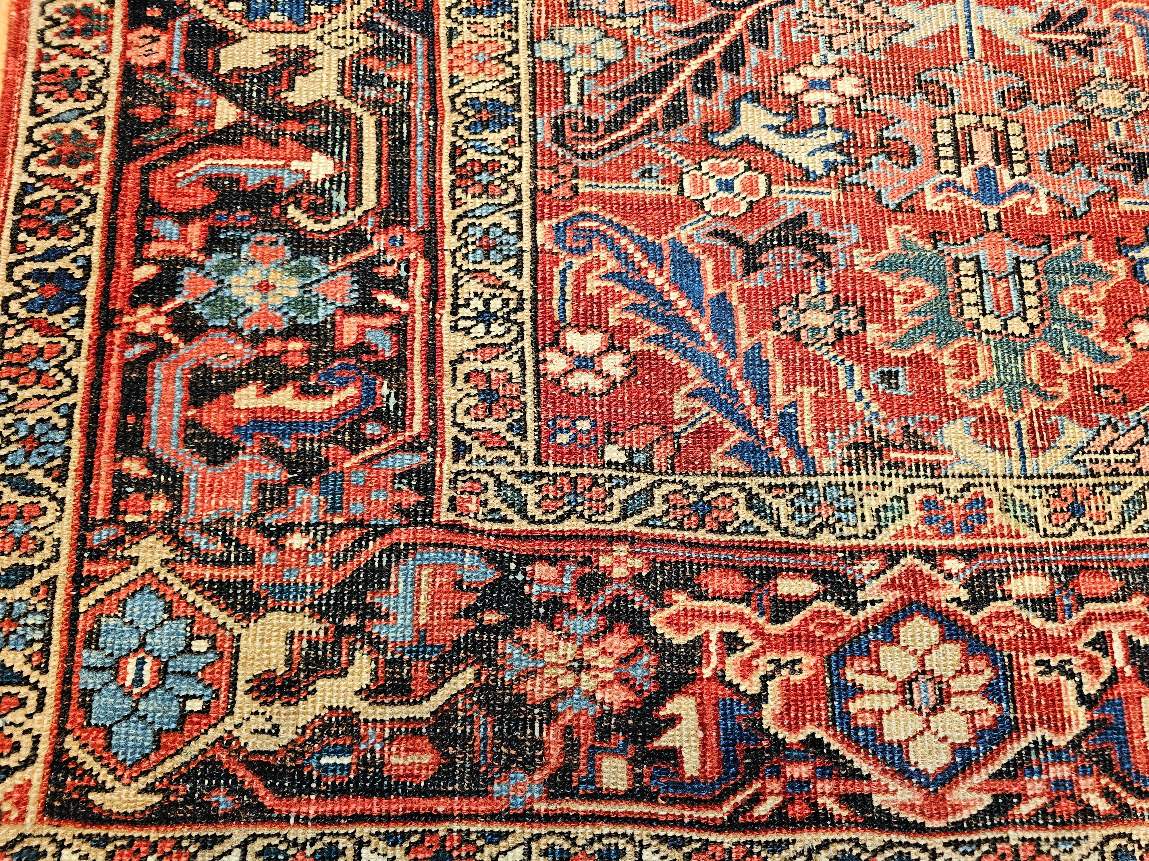 Wool Near-Square Vintage Persian Heriz Serapi Rug in Terracotta, Green, Yellow For Sale