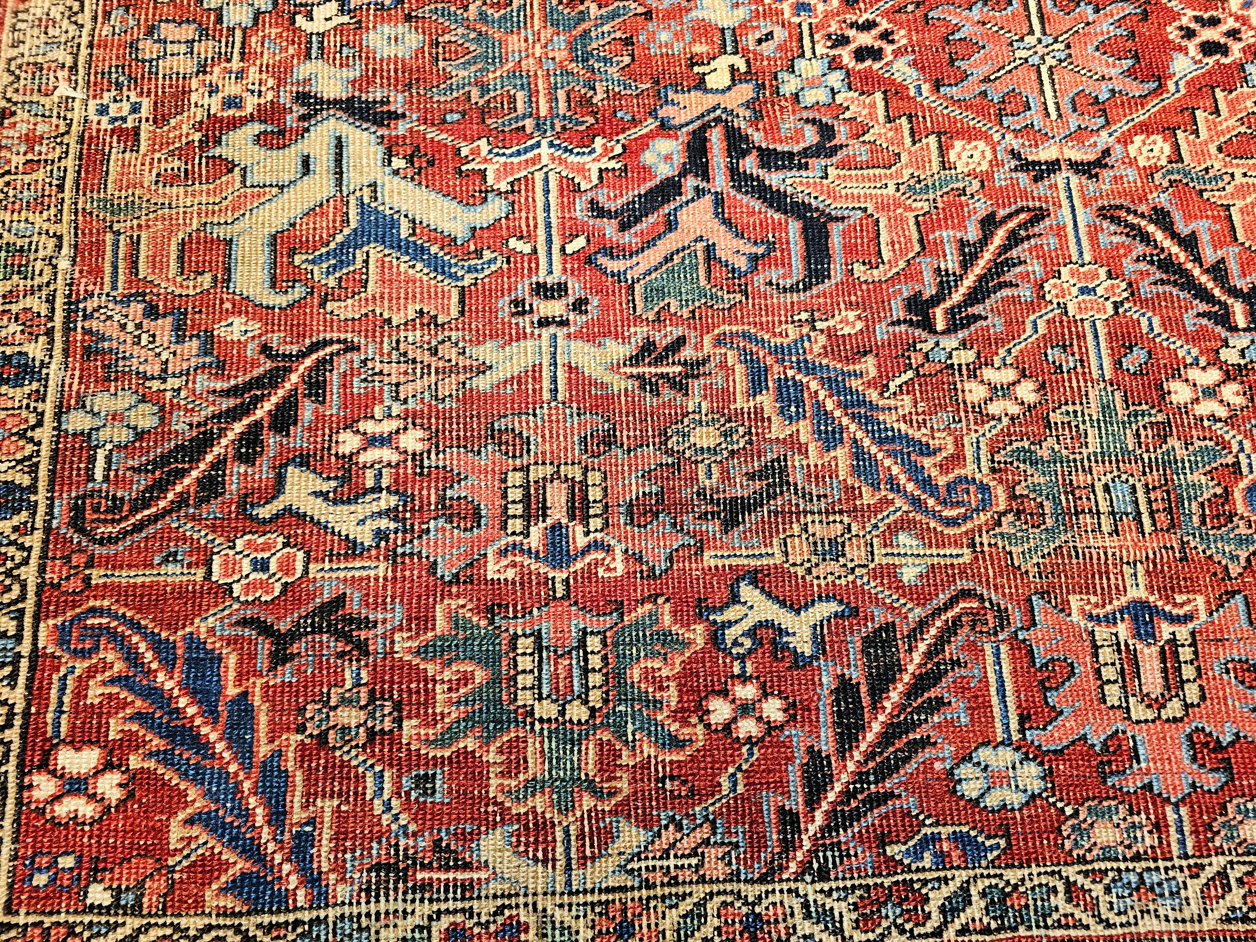 Near-Square Vintage Persian Heriz Serapi Rug in Terracotta, Green, Yellow For Sale 1