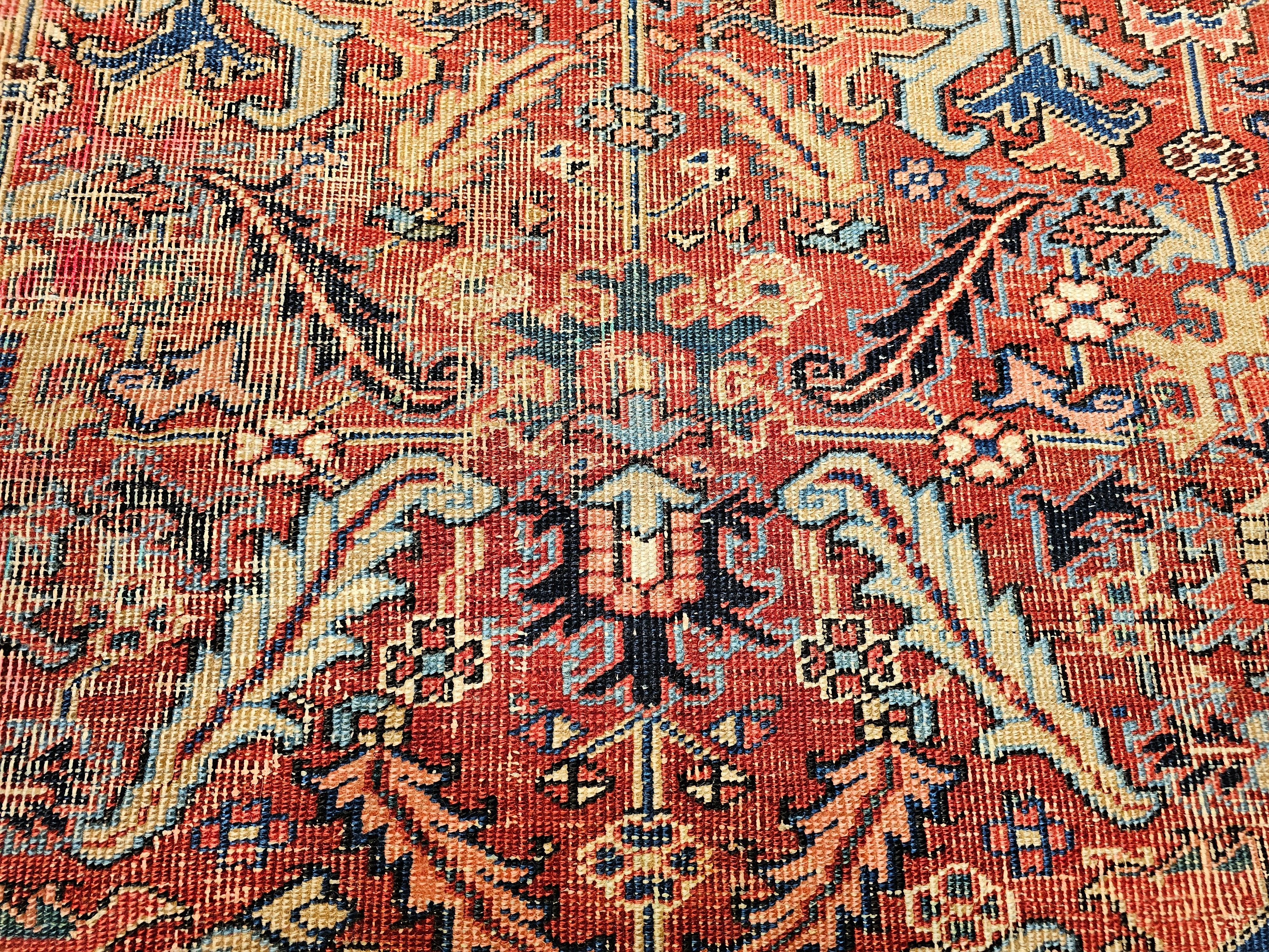 Near-Square Vintage Persian Heriz Serapi Rug in Terracotta, Green, Yellow For Sale 2