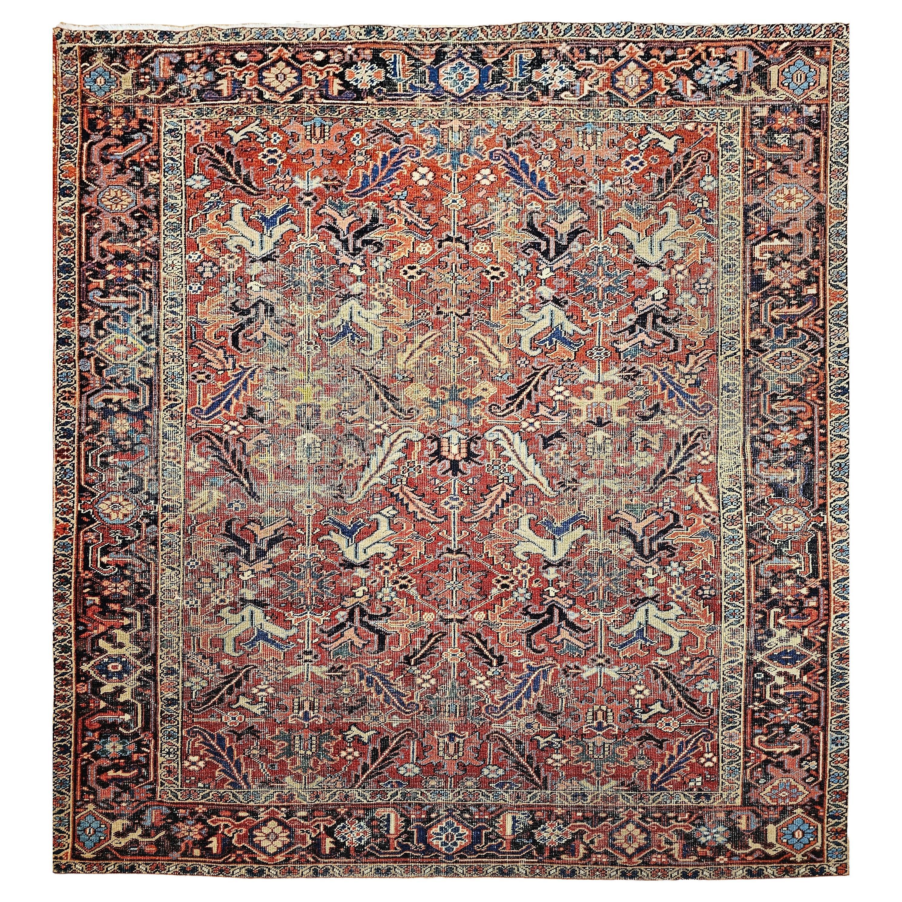 Near-Square Vintage Persian Heriz Serapi Rug in Terracotta, Green, Yellow For Sale