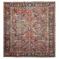 Near-Square Vintage Persian Heriz Serapi Rug in Terracotta, Green, Yellow
