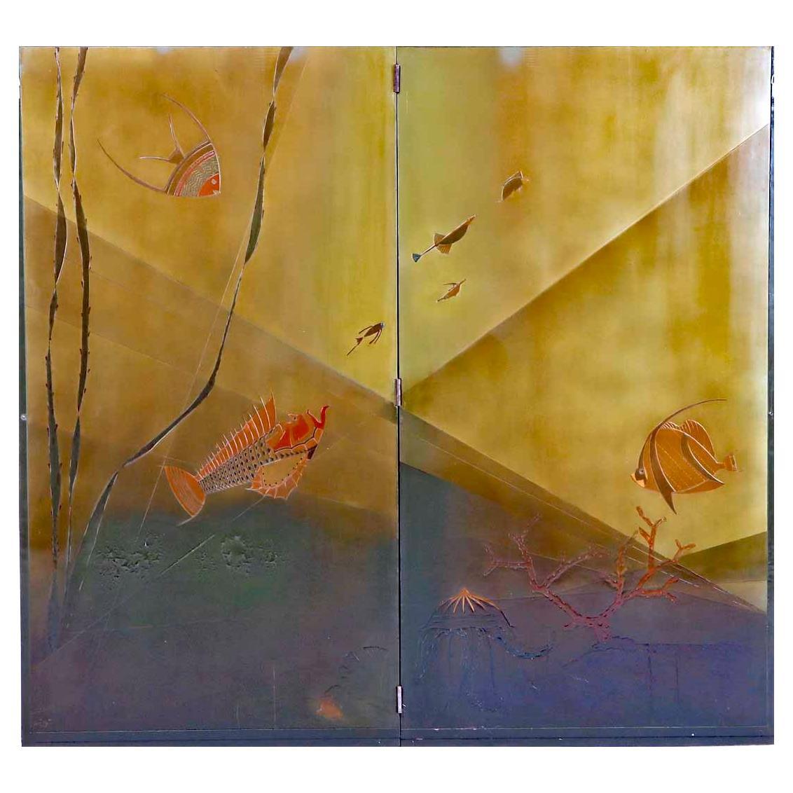 "Near the Ocean Floor", Art Deco Lacquered Screen w/ Fish & Coral by Jallot