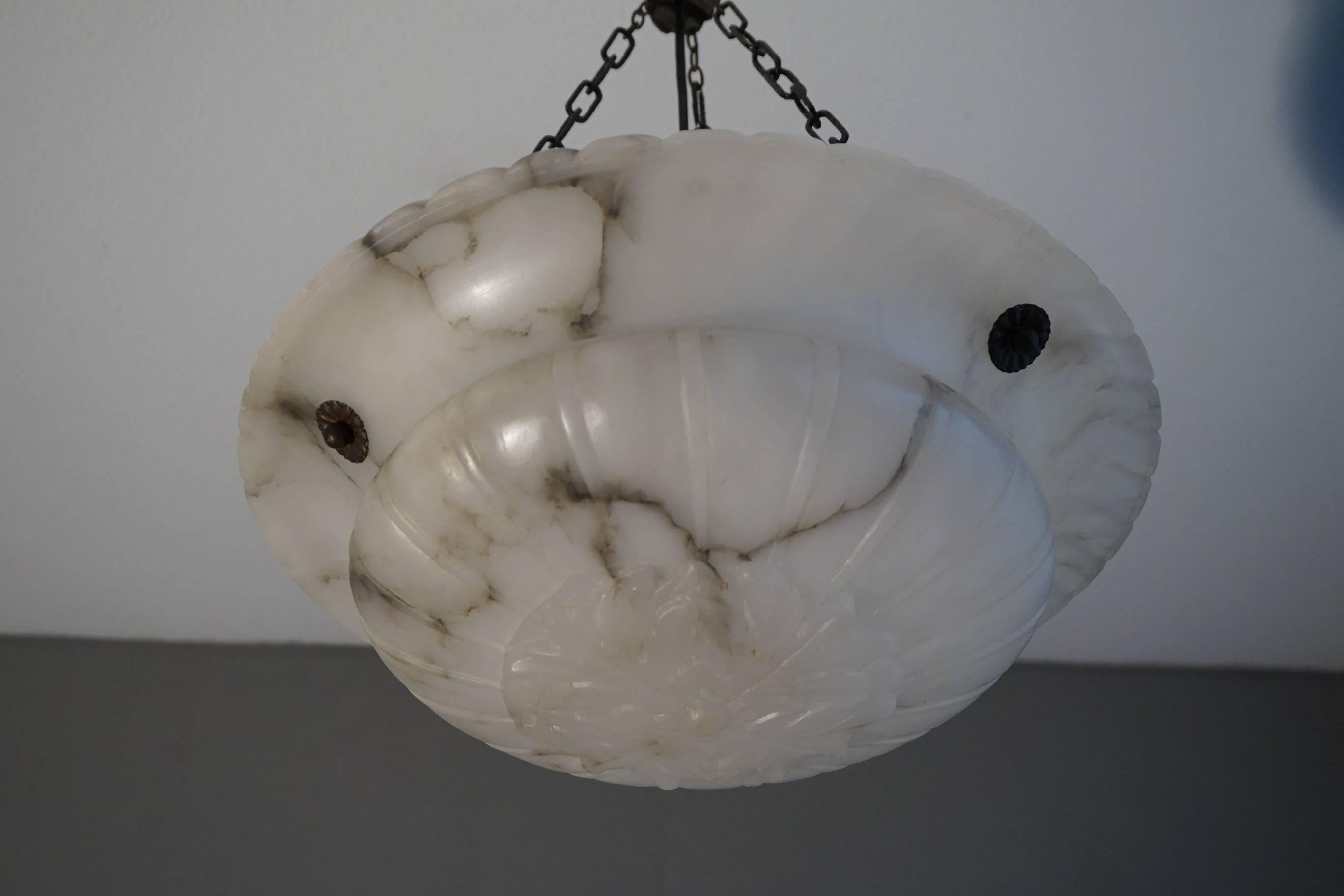 Near Translucent White Neoclassical Alabaster & Chain Pendant / Ceiling Lamp For Sale 8