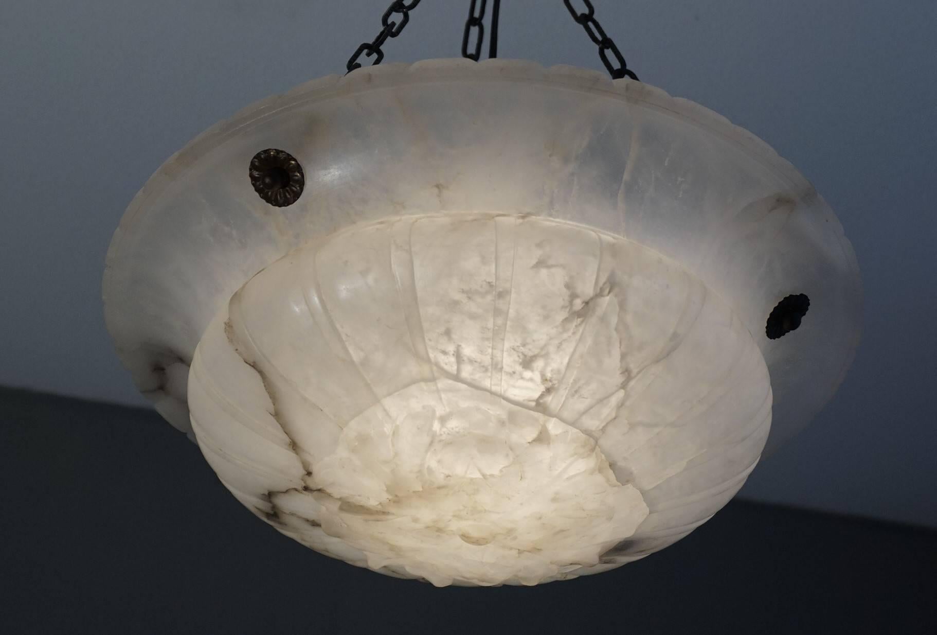 Near Translucent White Neoclassical Alabaster & Chain Pendant / Ceiling Lamp For Sale 7