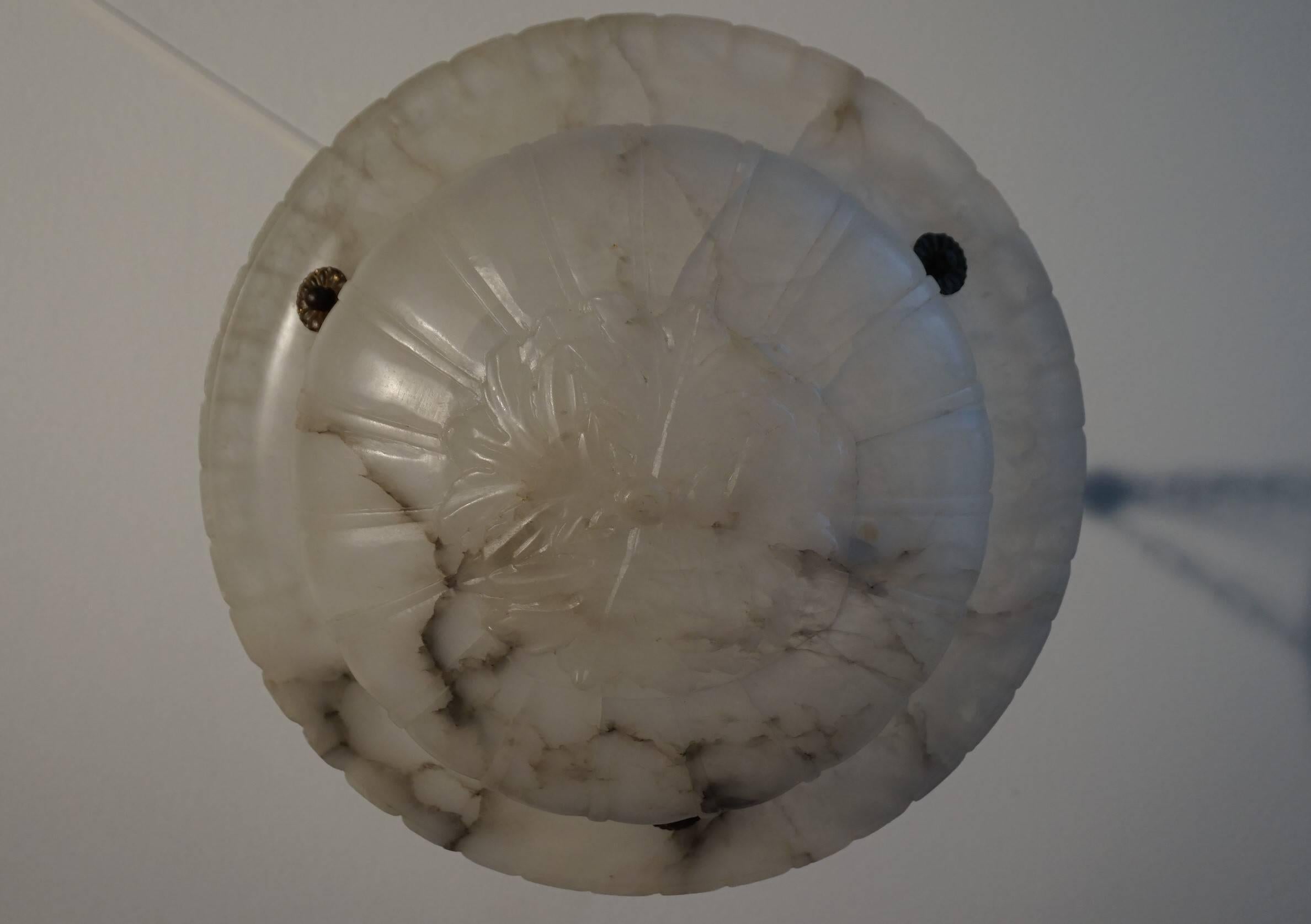 Neoclassical Revival Near Translucent White Neoclassical Alabaster & Chain Pendant / Ceiling Lamp For Sale