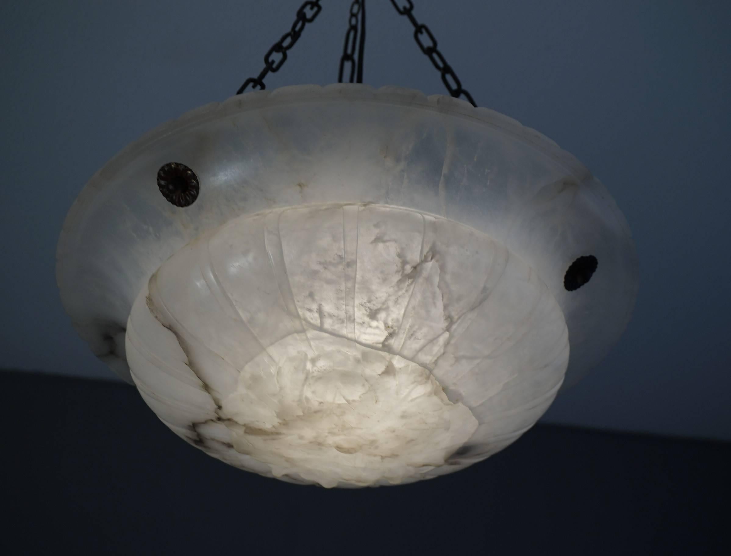 20th Century Near Translucent White Neoclassical Alabaster & Chain Pendant / Ceiling Lamp For Sale