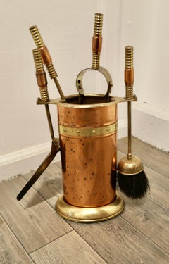 Neat Copper and Brass Fireside Companion Set, Fireside Tools