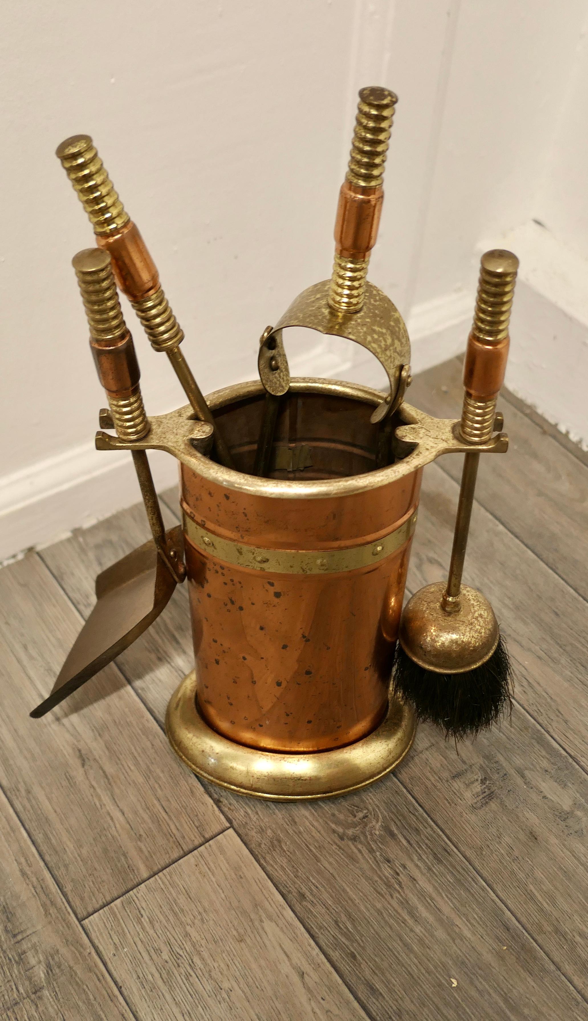 Arts and Crafts Neat Copper and Brass Fireside Companion Set, Fireside Tools