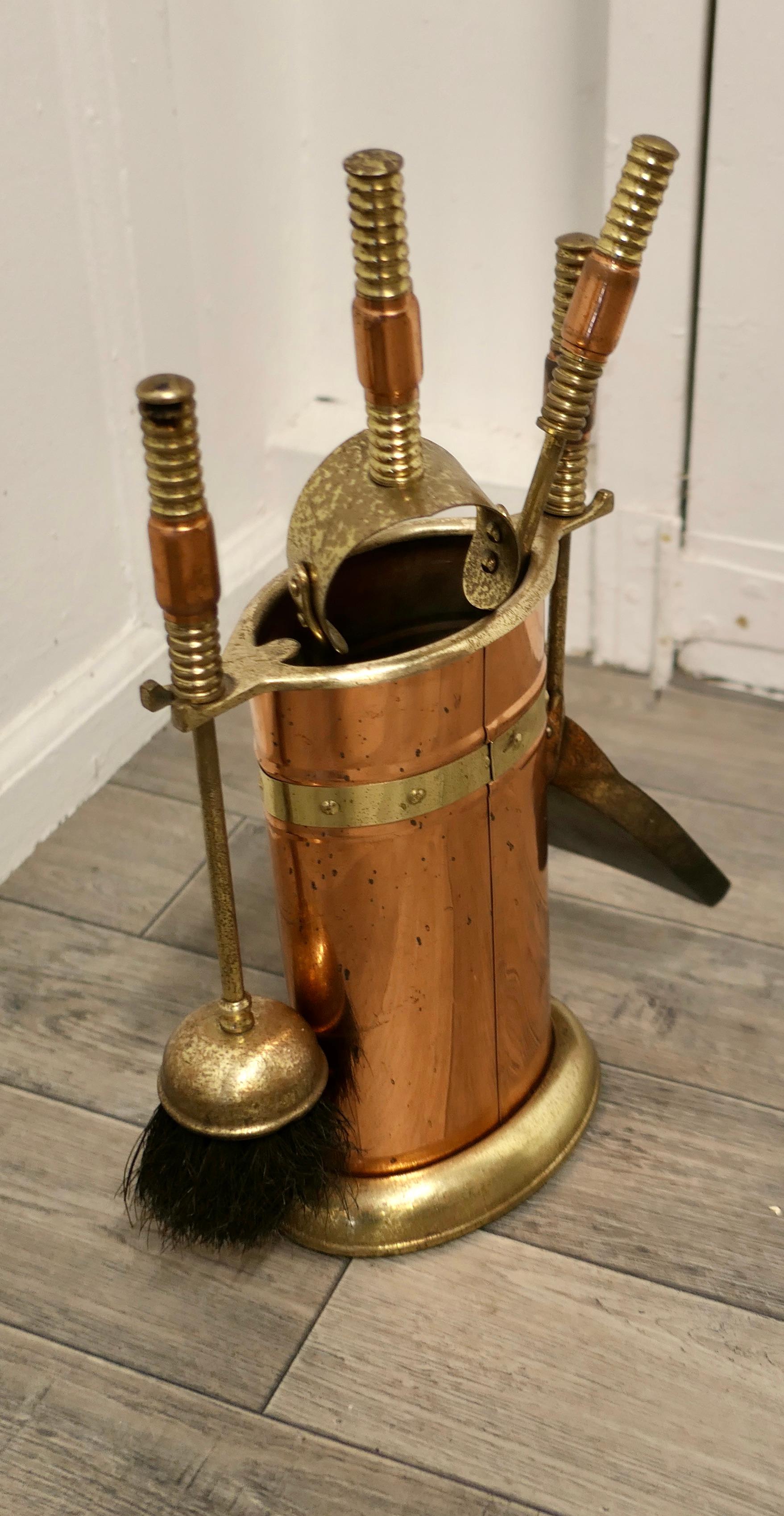 Early 20th Century Neat Copper and Brass Fireside Companion Set, Fireside Tools