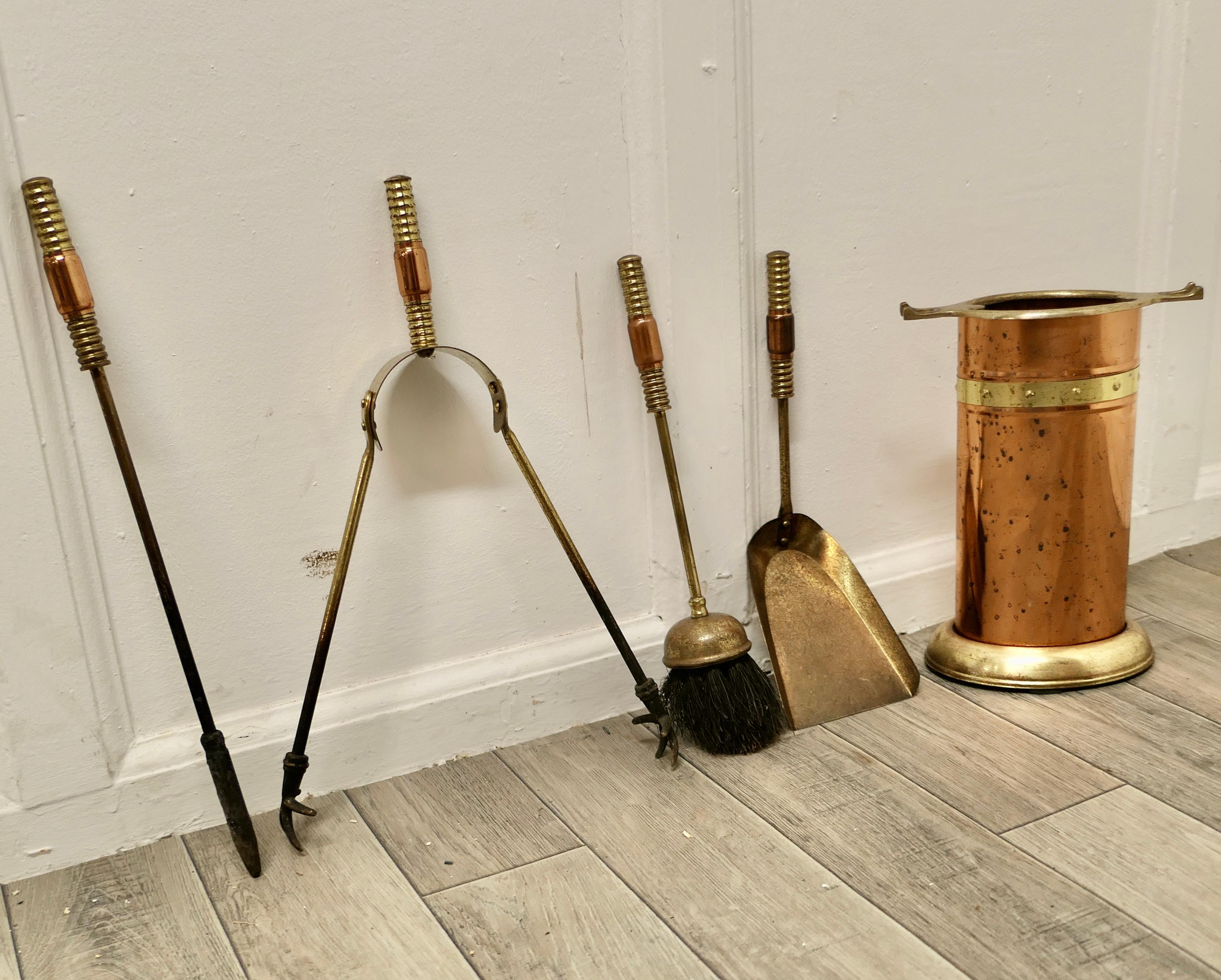 Neat Copper and Brass Fireside Companion Set, Fireside Tools 1