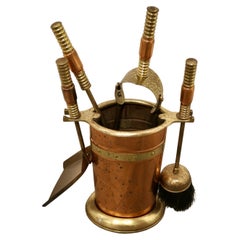Neat Copper and Brass Fireside Companion Set, Fireside Tools