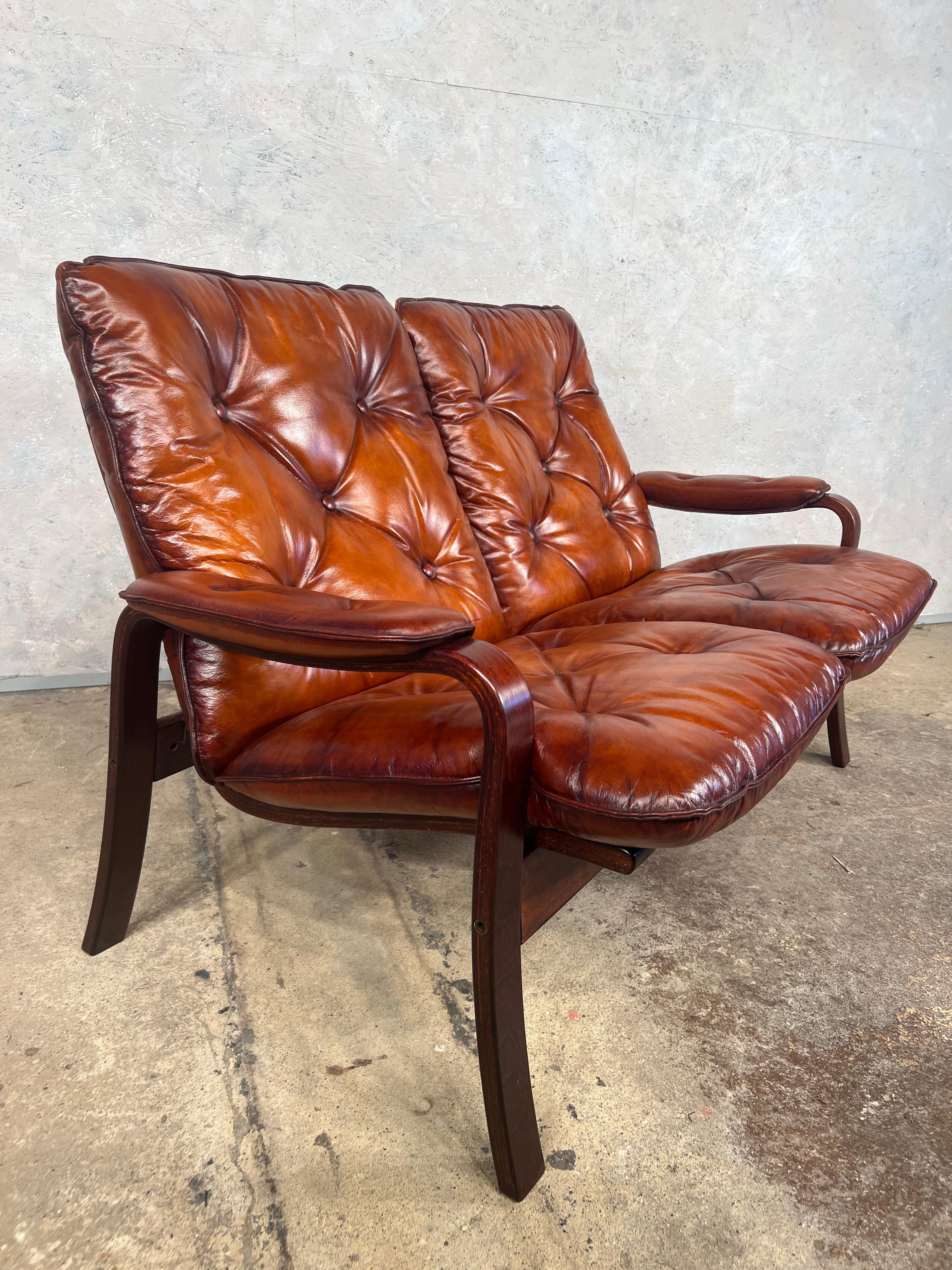 20th Century Neat Vintage Danish 1970 Two Seater Bentwood Leather Sofa Hand Dyed Cognac #548 For Sale