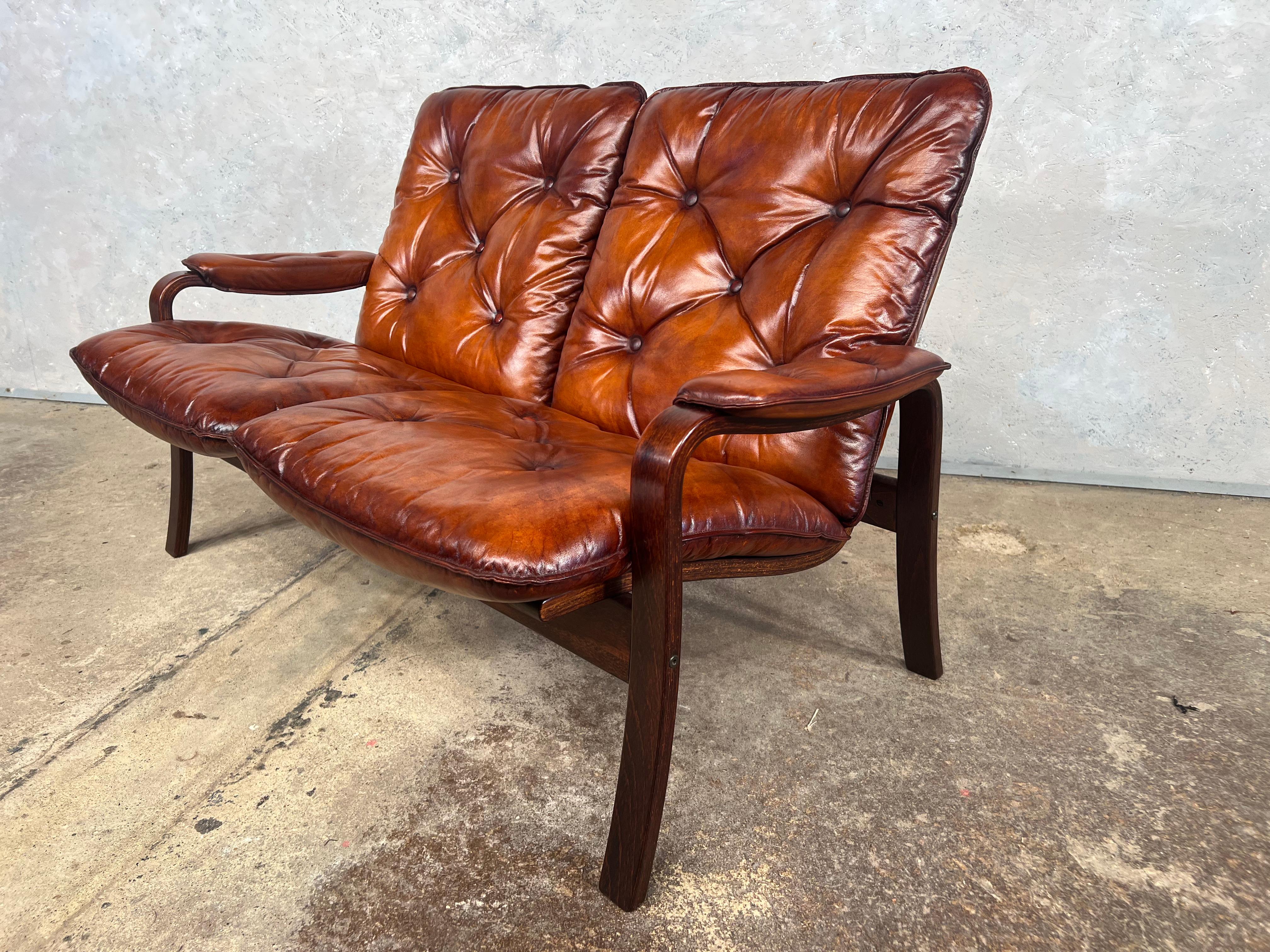 Neat Vintage Danish 1970 Two Seater Bentwood Leather Sofa Hand Dyed Cognac #548 For Sale 1