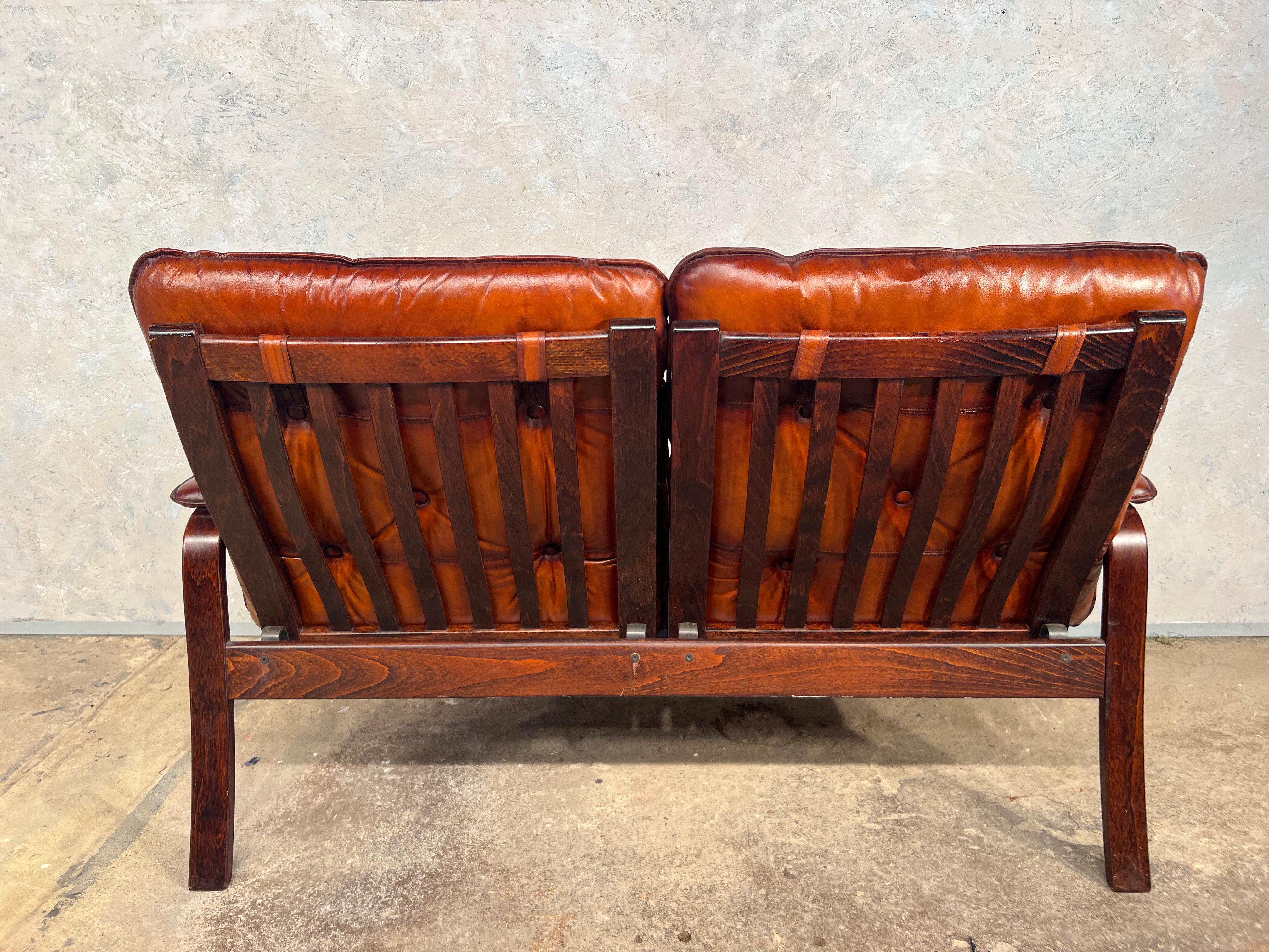 Neat Vintage Danish 1970 Two Seater Bentwood Leather Sofa Hand Dyed Cognac #548 For Sale 3