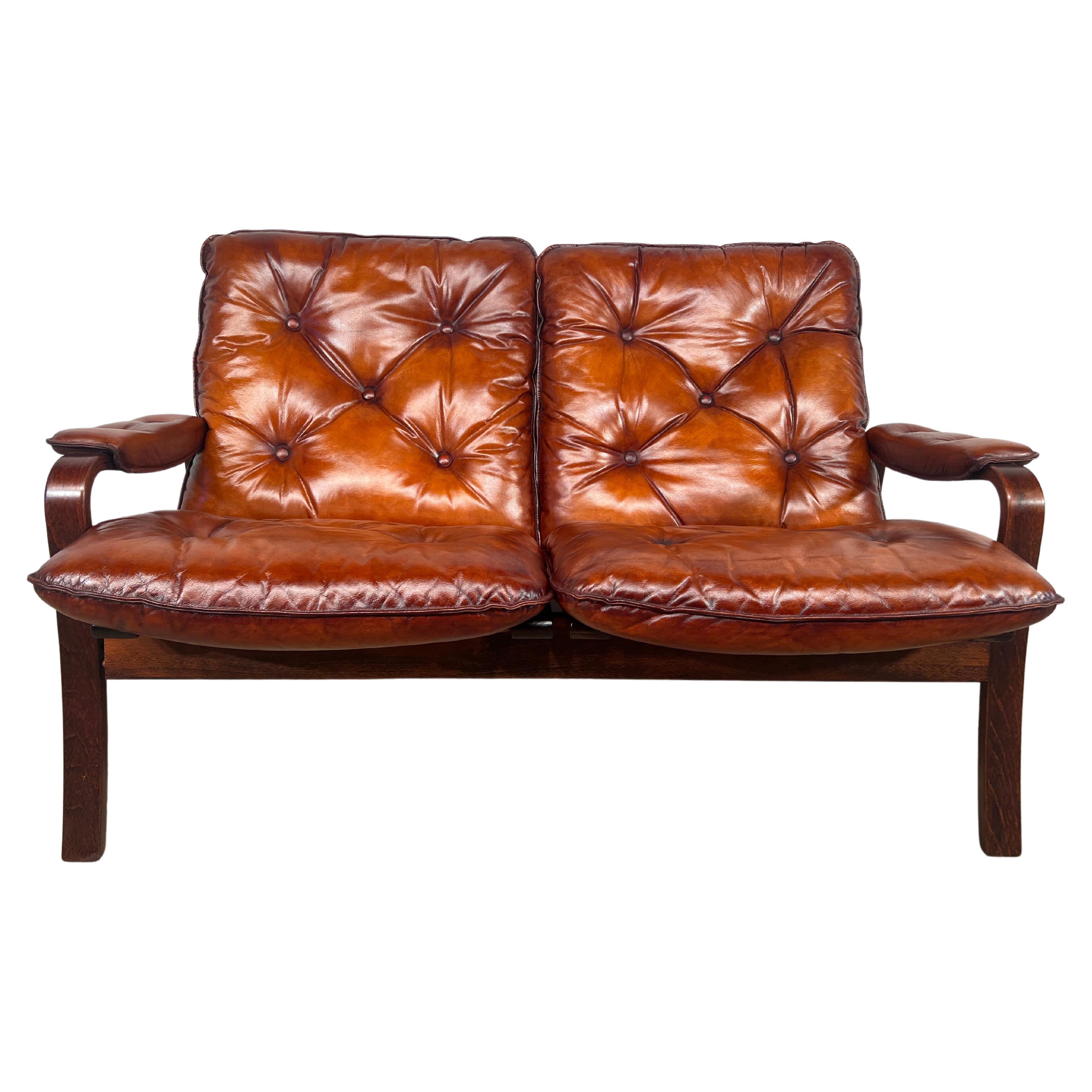 Neat Vintage Danish 1970 Two Seater Bentwood Leather Sofa Hand Dyed Cognac #548 For Sale